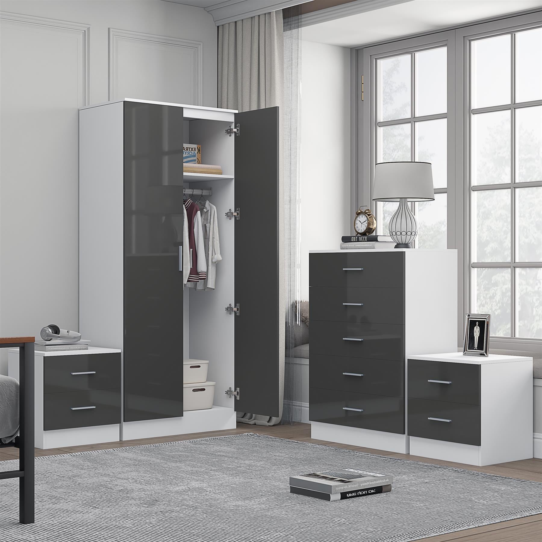 Reflect 2 Door Mirror Wardrobe, 5 Drawer Chest, 2x 2 Drawer Bedsides - Grey Gloss & Matt White - Modern Bedroom Furniture Set