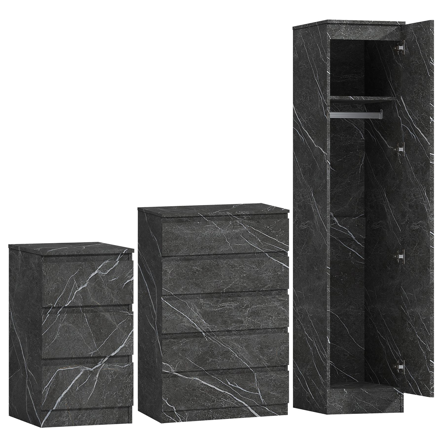 ZITA 3pc Set - 1 Door Wardrobe + Tall Chest + Bedside in White OR Grey Marble