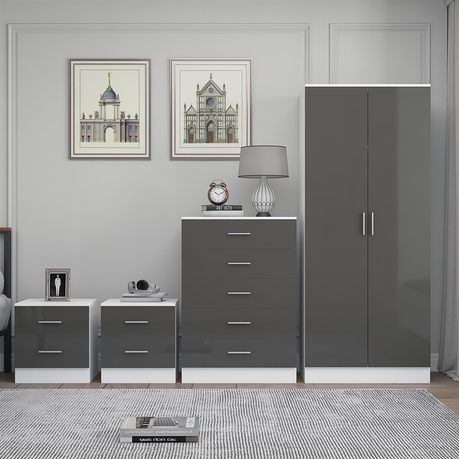 Reflect 2 Door Plain Wardrobe, 5 Drawer Chest, 2x 2 Drawer Bedsides - Grey Gloss & Matt White - Modern Bedroom Furniture Set