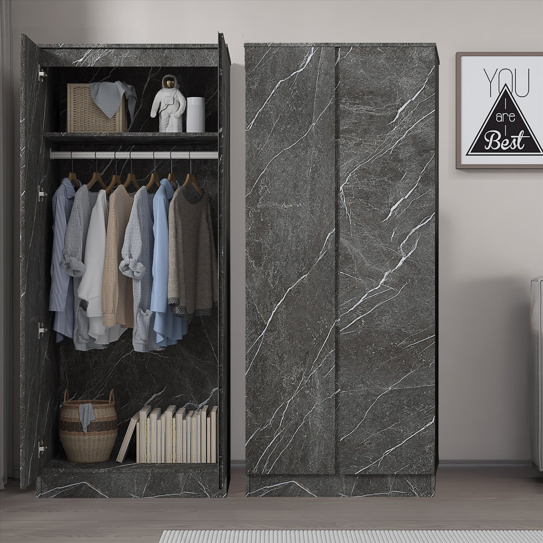 ZITA Grey Marble Effect 2 Piece Wardrobe Bundle - 2 x 2-Door Wardrobes, (L) 50cm x (W) 76cm x (H) 180cm.