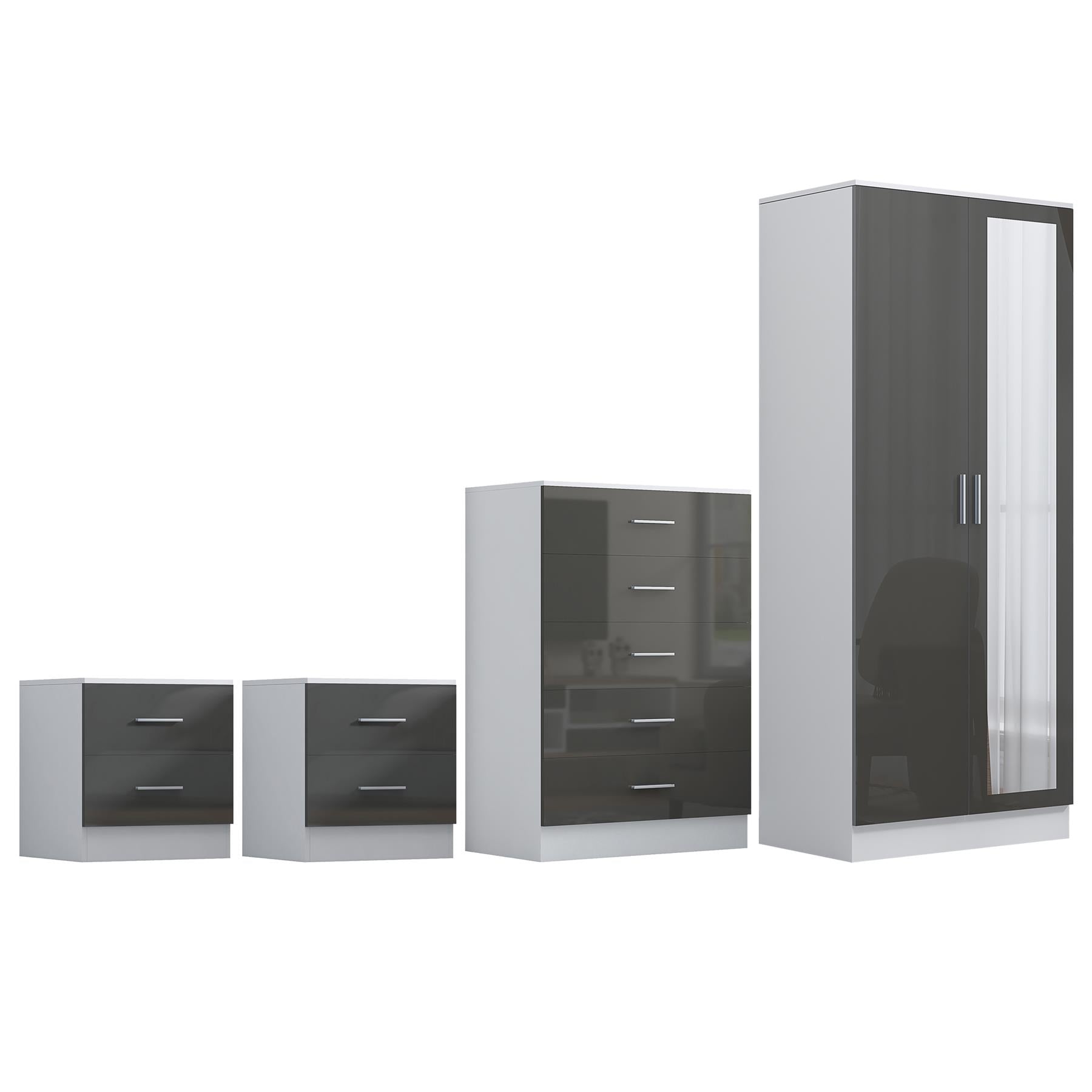 Reflect 2 Door Mirror Wardrobe, 5 Drawer Chest, 2x 2 Drawer Bedsides - Grey Gloss & Matt White - Modern Bedroom Furniture Set
