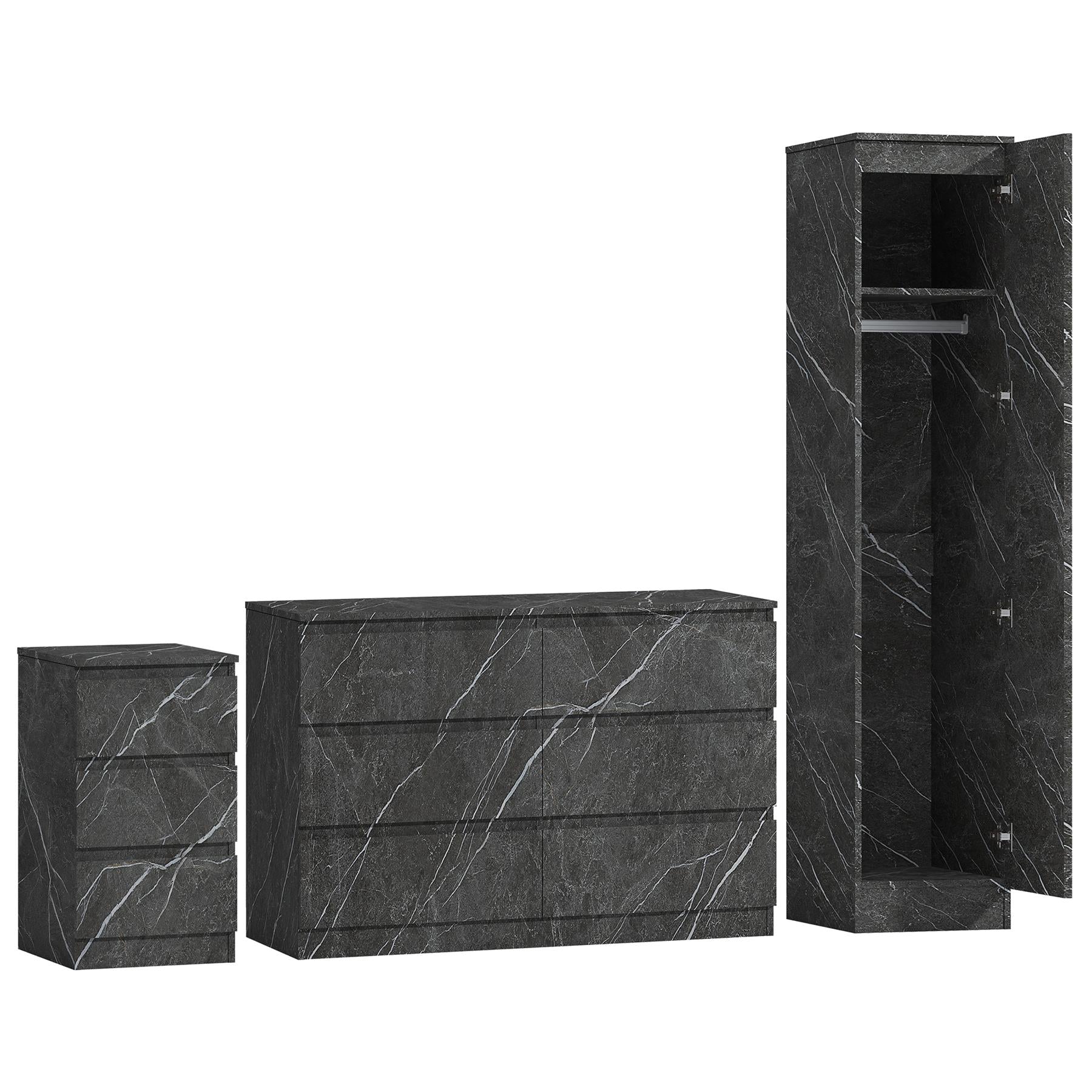 ZITA Grey Marble Effect 3 Piece Bedroom Set - 1-Door Wardrobe, Wide Chest & Bedside Table, Stylish Modern Bedroom Furniture