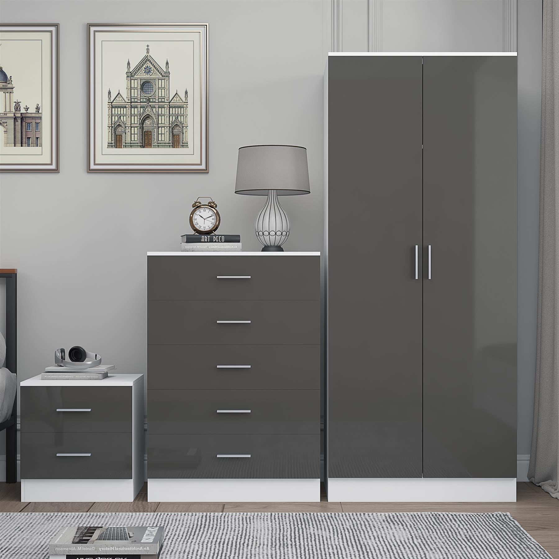Reflect 2 Door Plain Wardrobe, 5 Drawer Chest, 2 Drawer Bedside - Grey Gloss & Matt White - Modern Bedroom Furniture Set