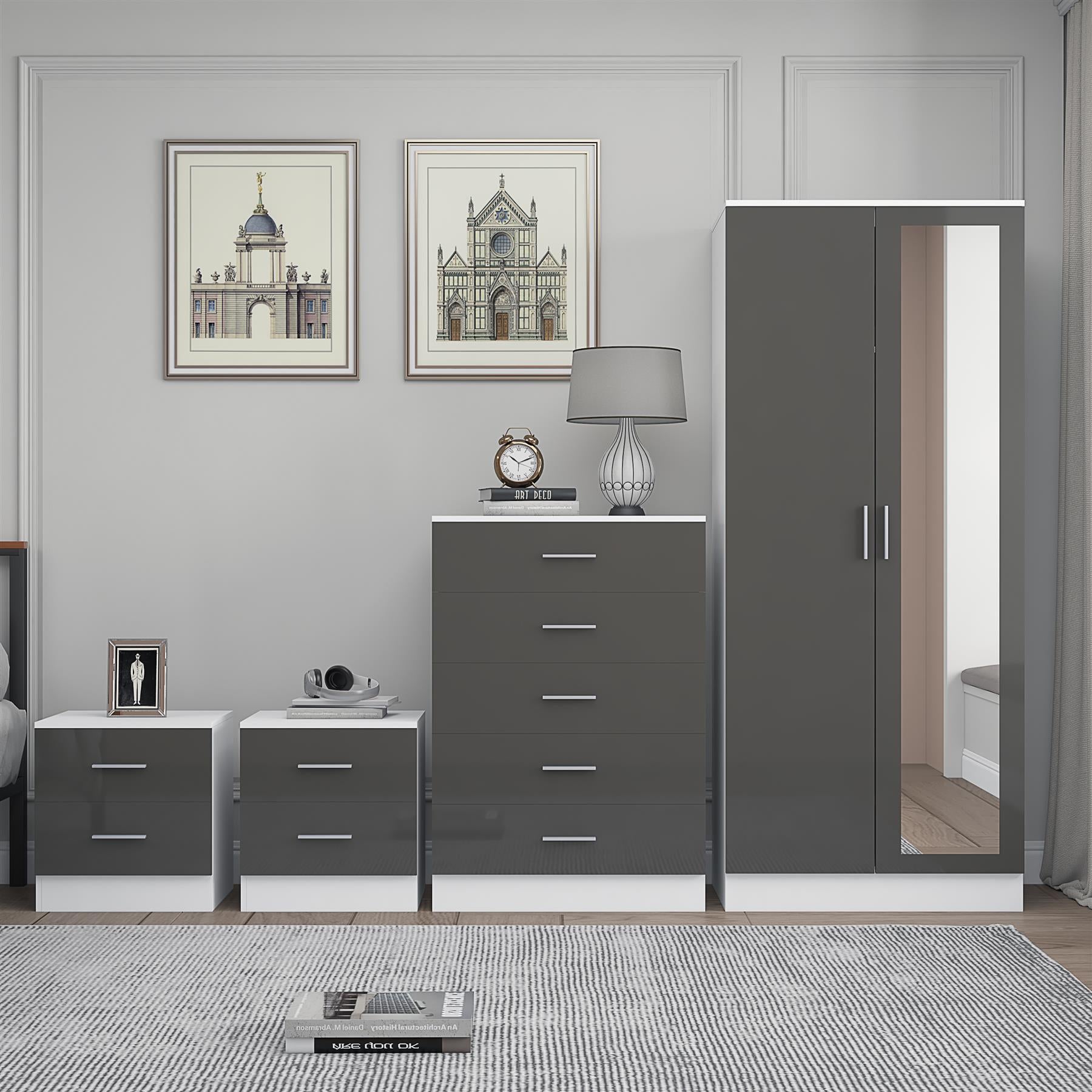 Reflect 2 Door Mirror Wardrobe, 5 Drawer Chest, 2x 2 Drawer Bedsides - Grey Gloss & Matt White - Modern Bedroom Furniture Set