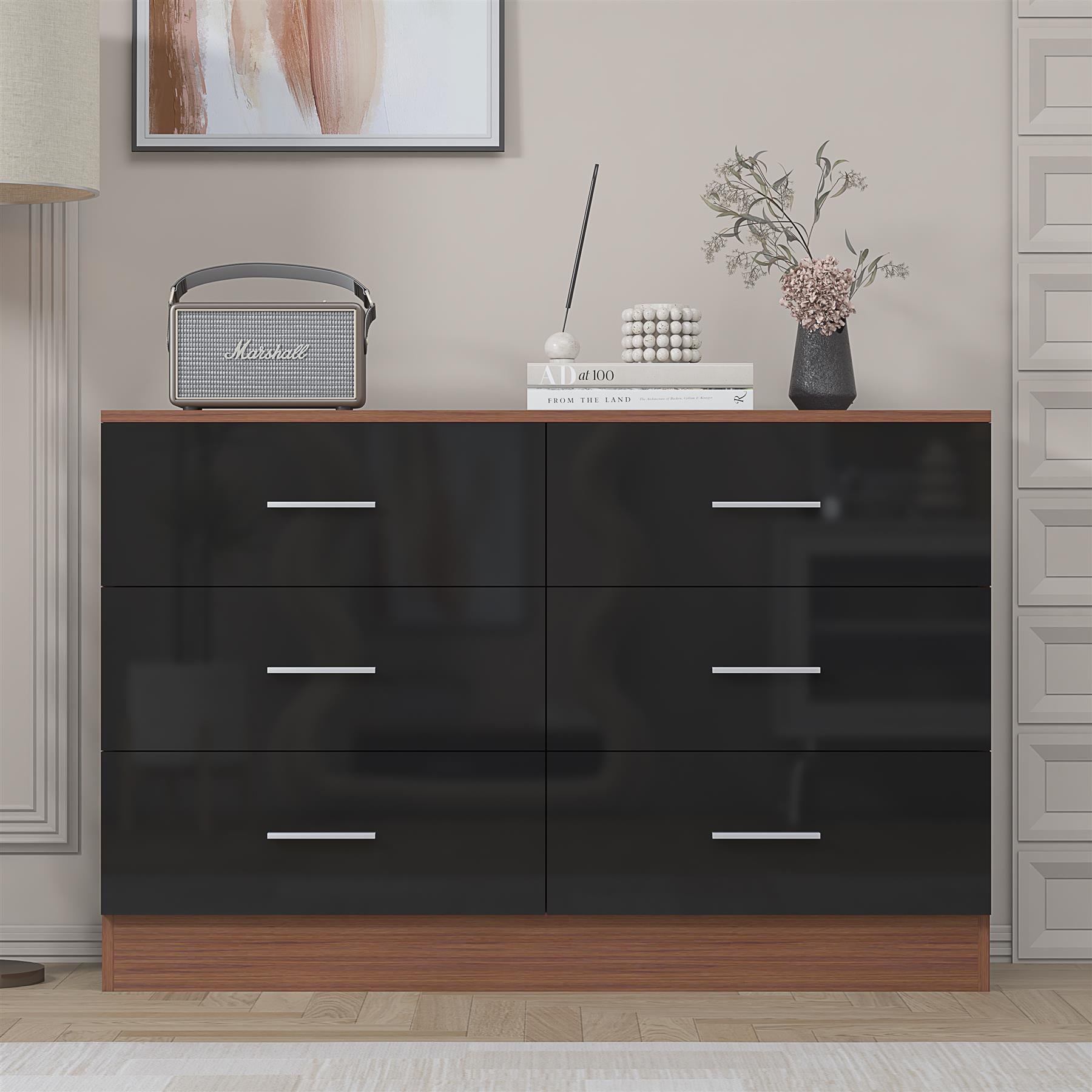 Reflect Wide 6 Drawer Chest - Black Gloss & Walnut - Modern Bedroom Storage Unit with Drawers - H: 75cm x W: 112cm x D: 40cm