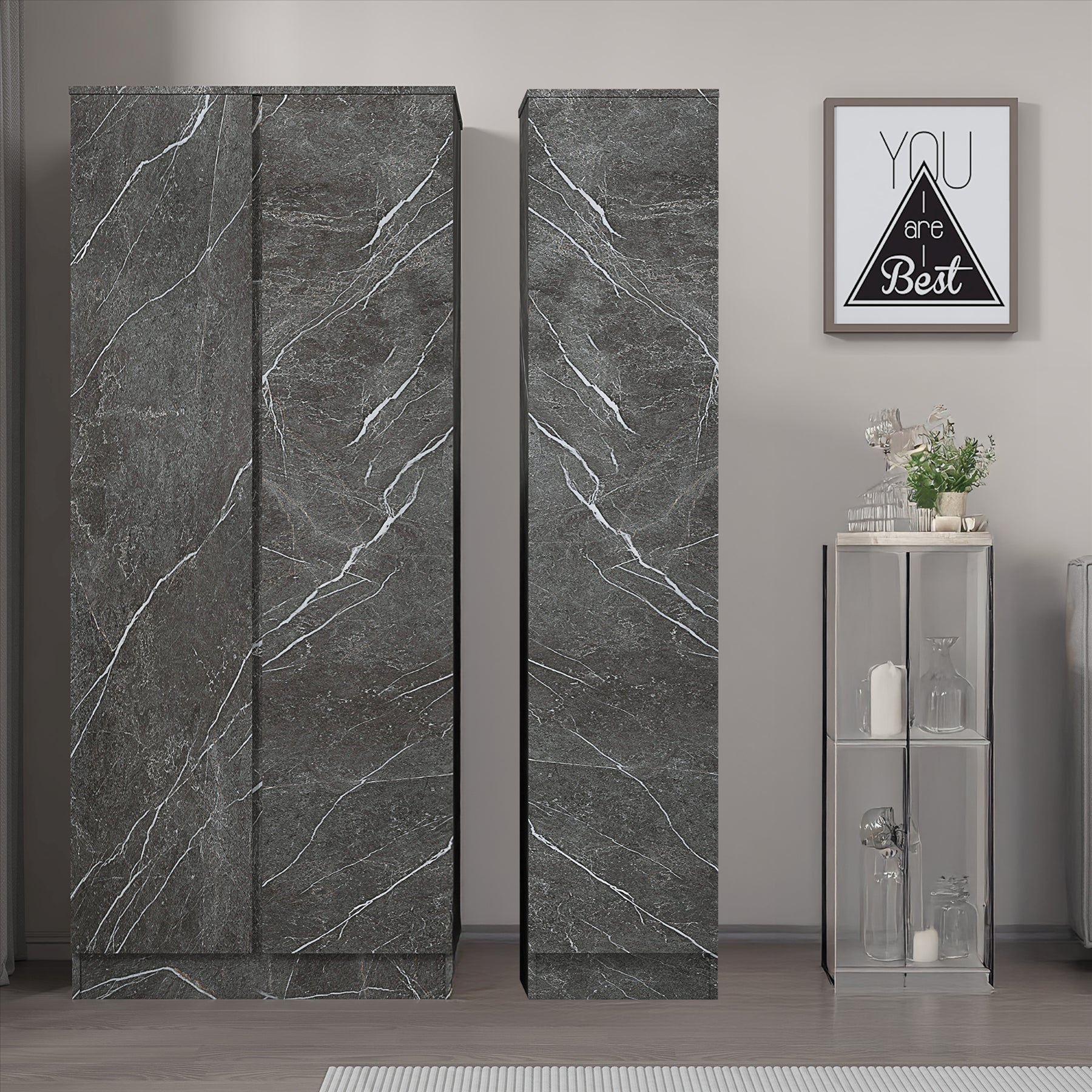 ZITA Grey Marble Effect 2 Piece Wardrobe Set - 2 Door and 1 Door, Spacious Bedroom Storage Solutions.