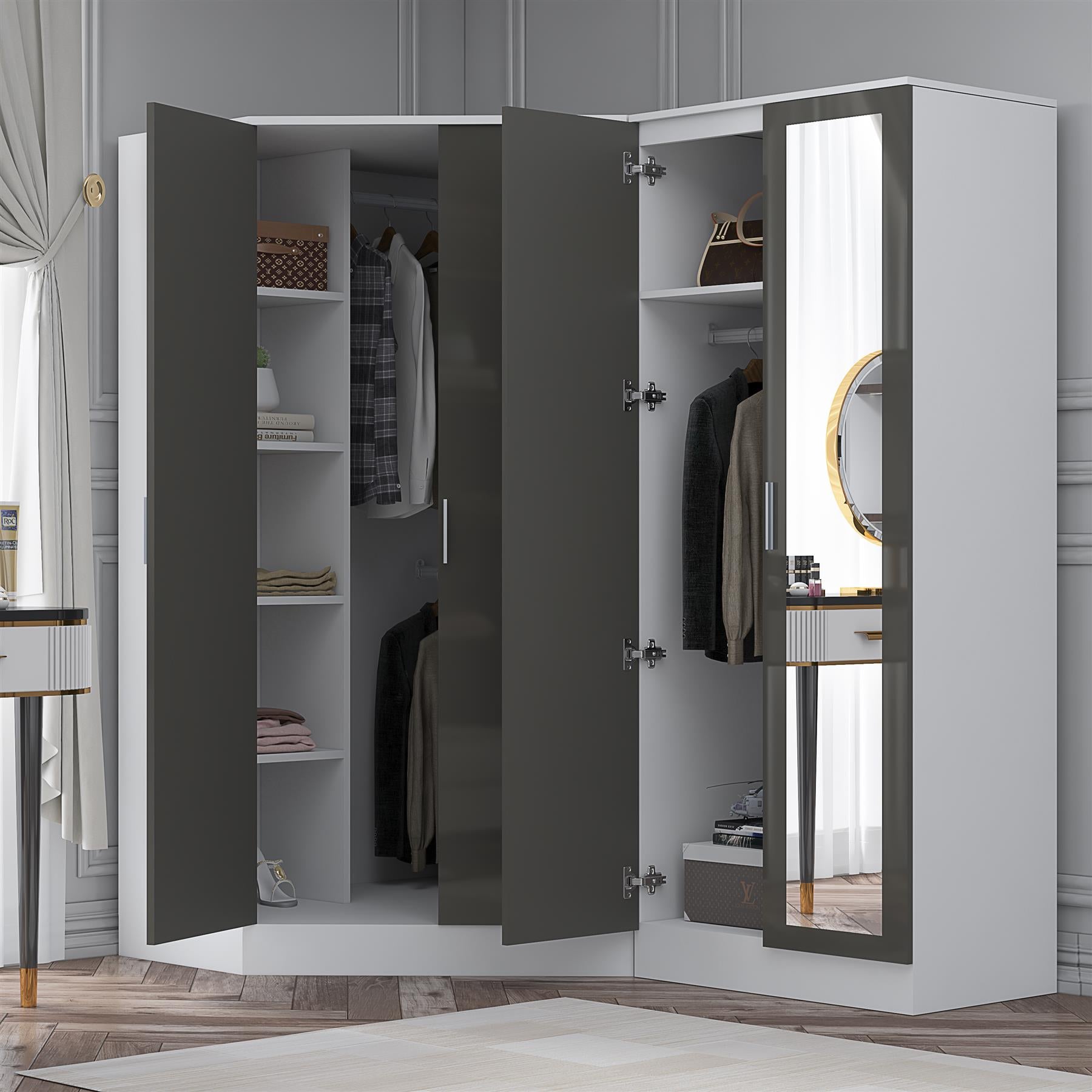Reflect 2pc Wardrobe Bundle - 2 Door Corner + 2 Door Mirror - Grey Gloss & Matt White - H: 180cm x W: 179cm x D: 103cm