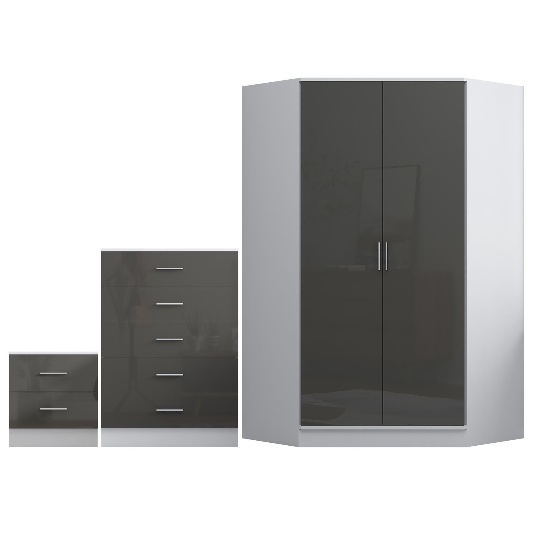 Reflect 2 Door Corner Wardrobe, 5 Drawer Chest, 2 Drawer Bedside - Grey Gloss & Matt White - Bedroom Furniture Set