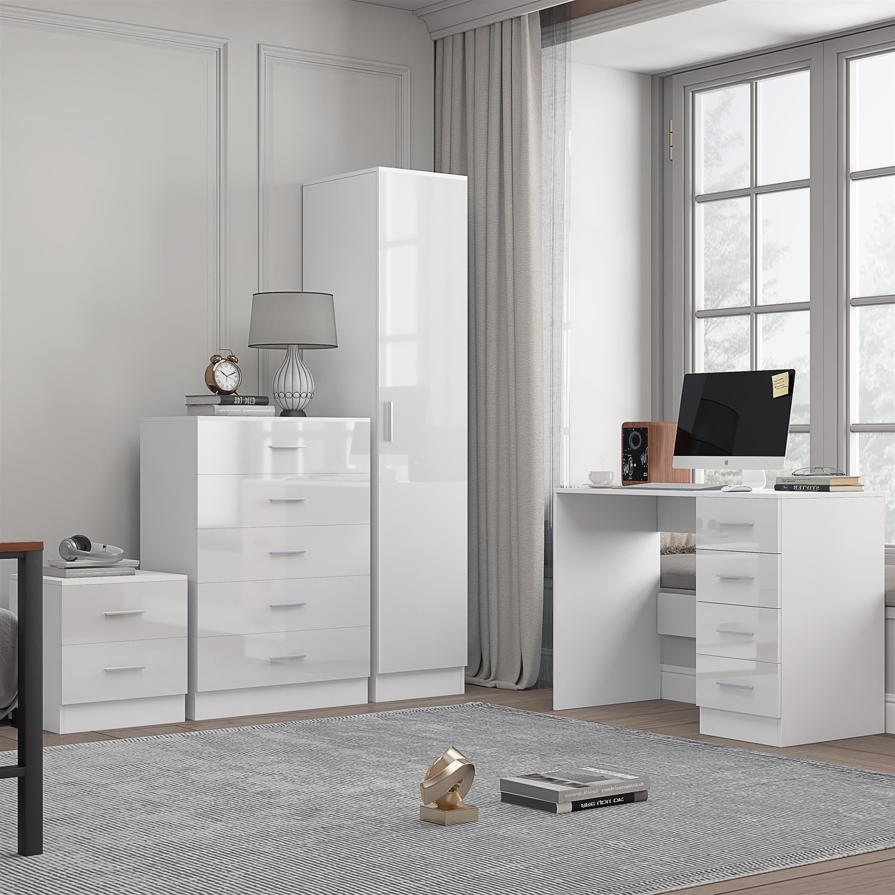 Reflect 1 Door Plain Wardrobe, 5 Drawer Chest, 2 Drawer Bedside & Desk - White Gloss & Matt White - Bedroom Furniture Set