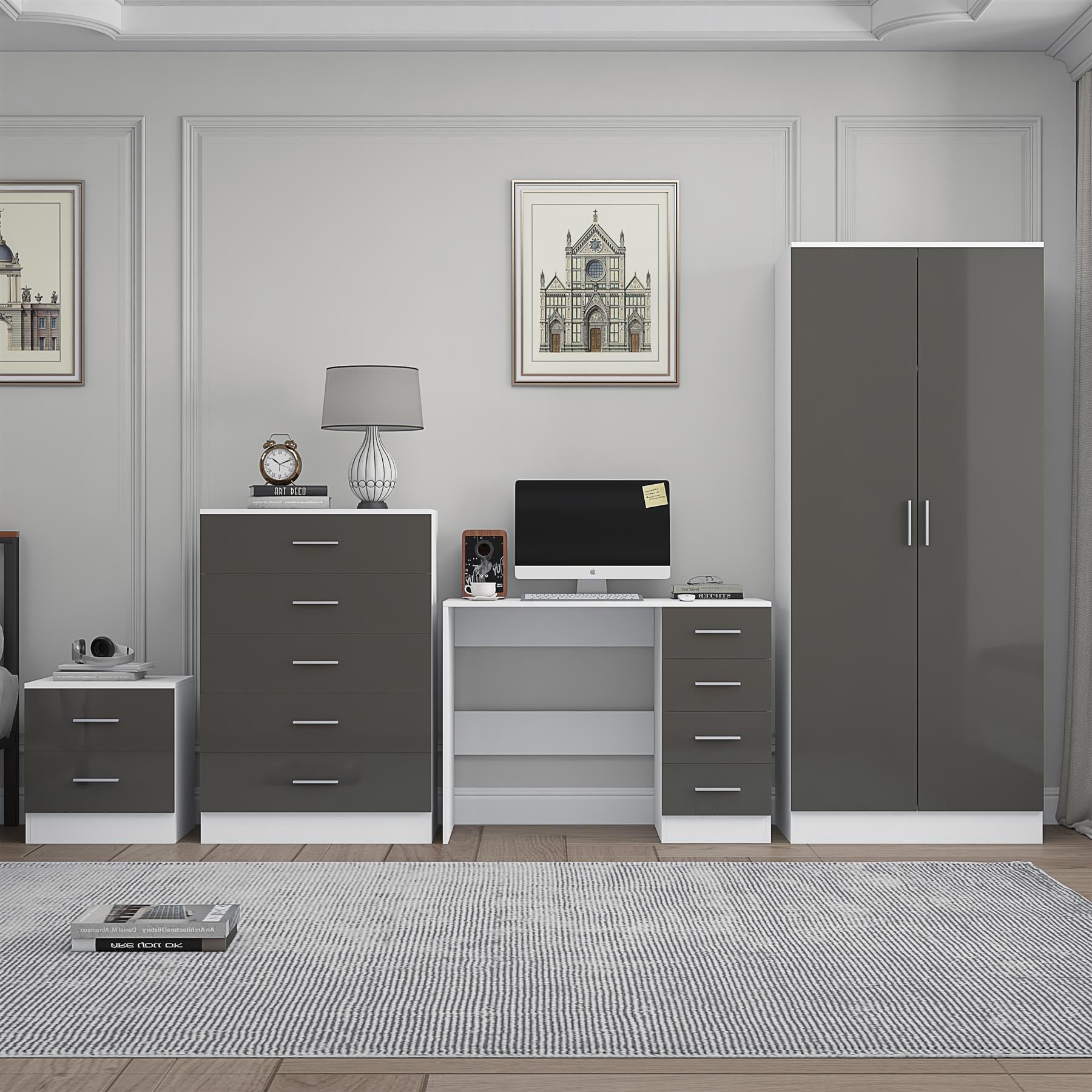 Reflect 2 Door Plain Wardrobe, 5 Drawer Chest, 2 Drawer Bedside & Desk - Grey Gloss & Matt White - Modern Bedroom Furniture Set