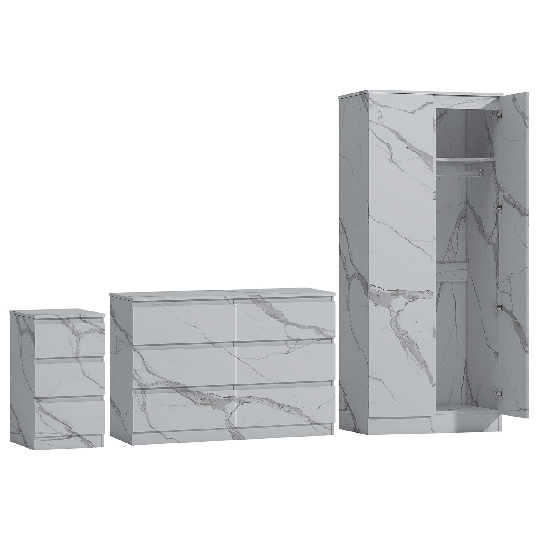 ZITA 3pc Bedroom Set White Marble Effect - Wardrobe + 6 Drawer Chest + Bedside