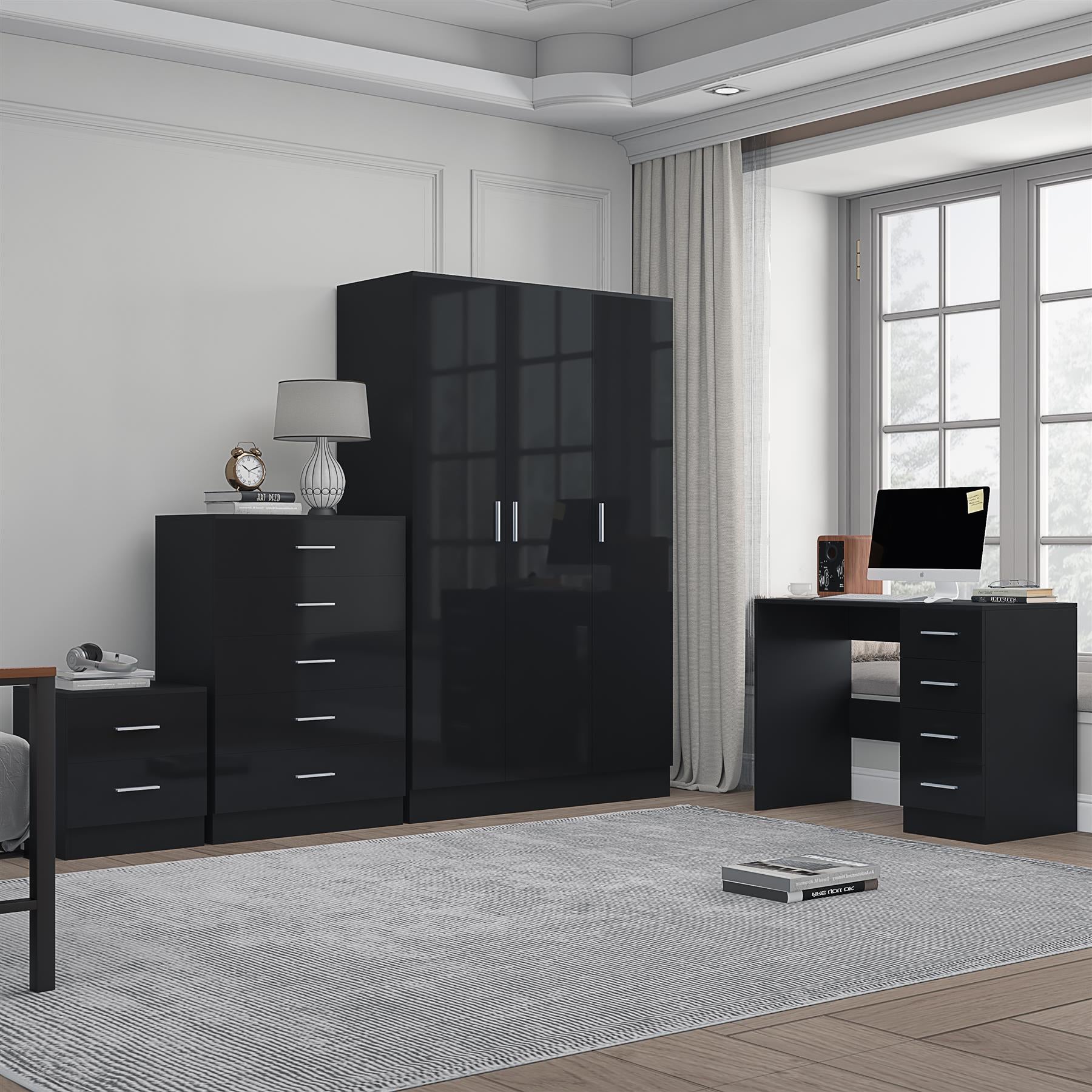 Reflect 3 Door Plain Wardrobe, 5 Drawer Chest, 2 Drawer Bedside & Desk - Black Gloss & Black Oak - Modern Bedroom Furniture Set