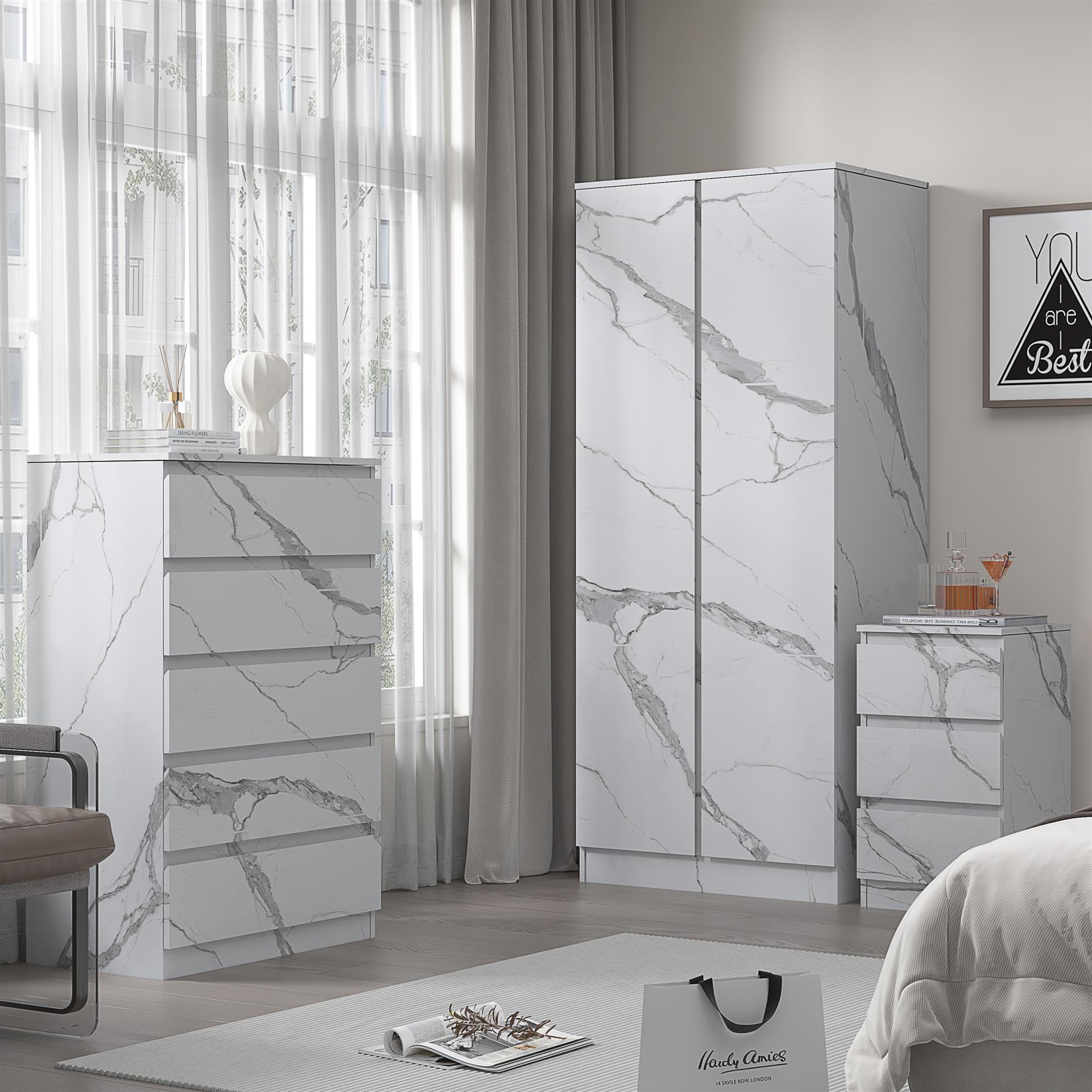 ZITA 3pc Set - 2 Door Wardrobe + Tall Chest + Bedside in White OR Grey Marble