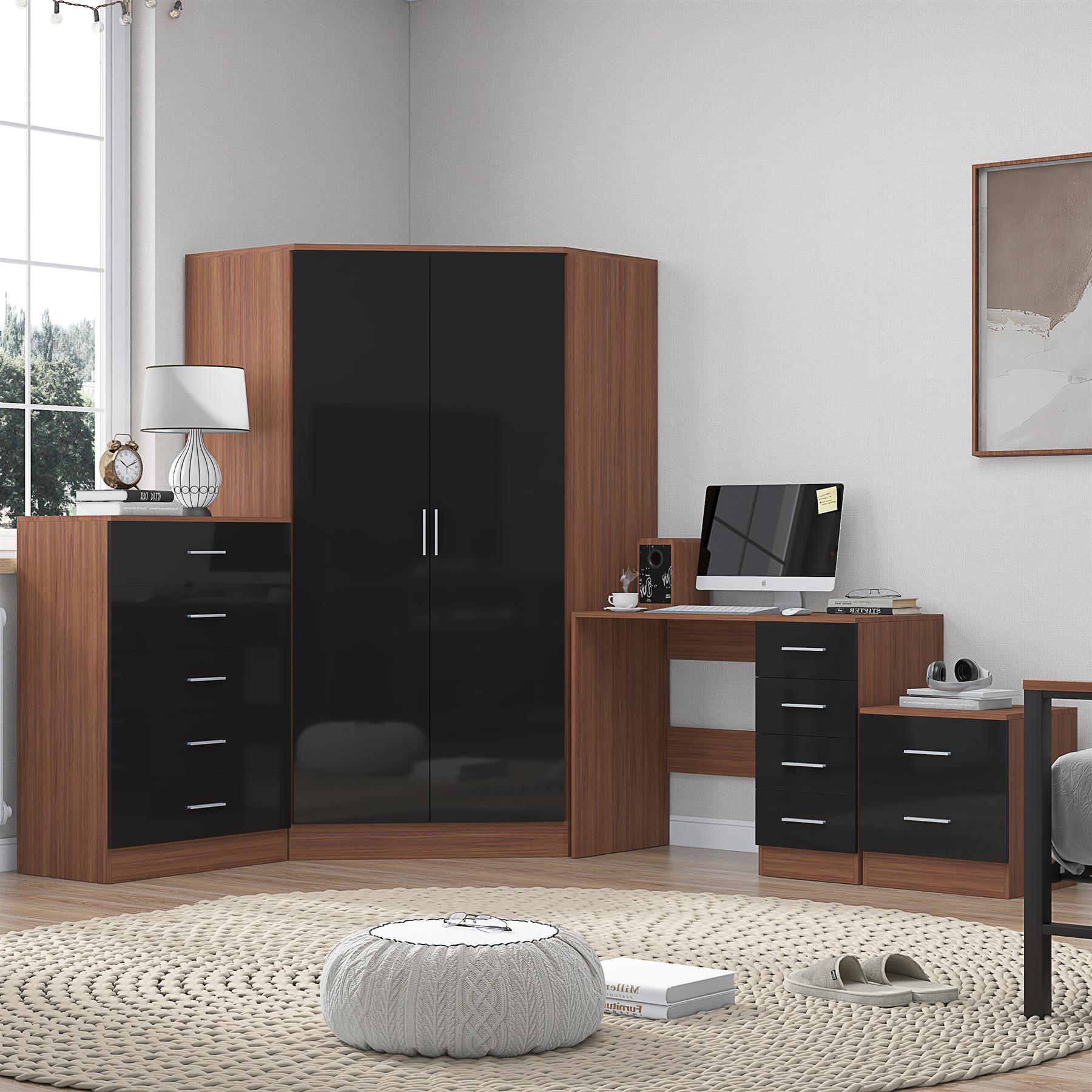 Reflect 2 Door Corner Wardrobe, 5 Drawer Chest, 2 Drawer Bedside & Desk - Black Gloss & Walnut - Bedroom Furniture Set