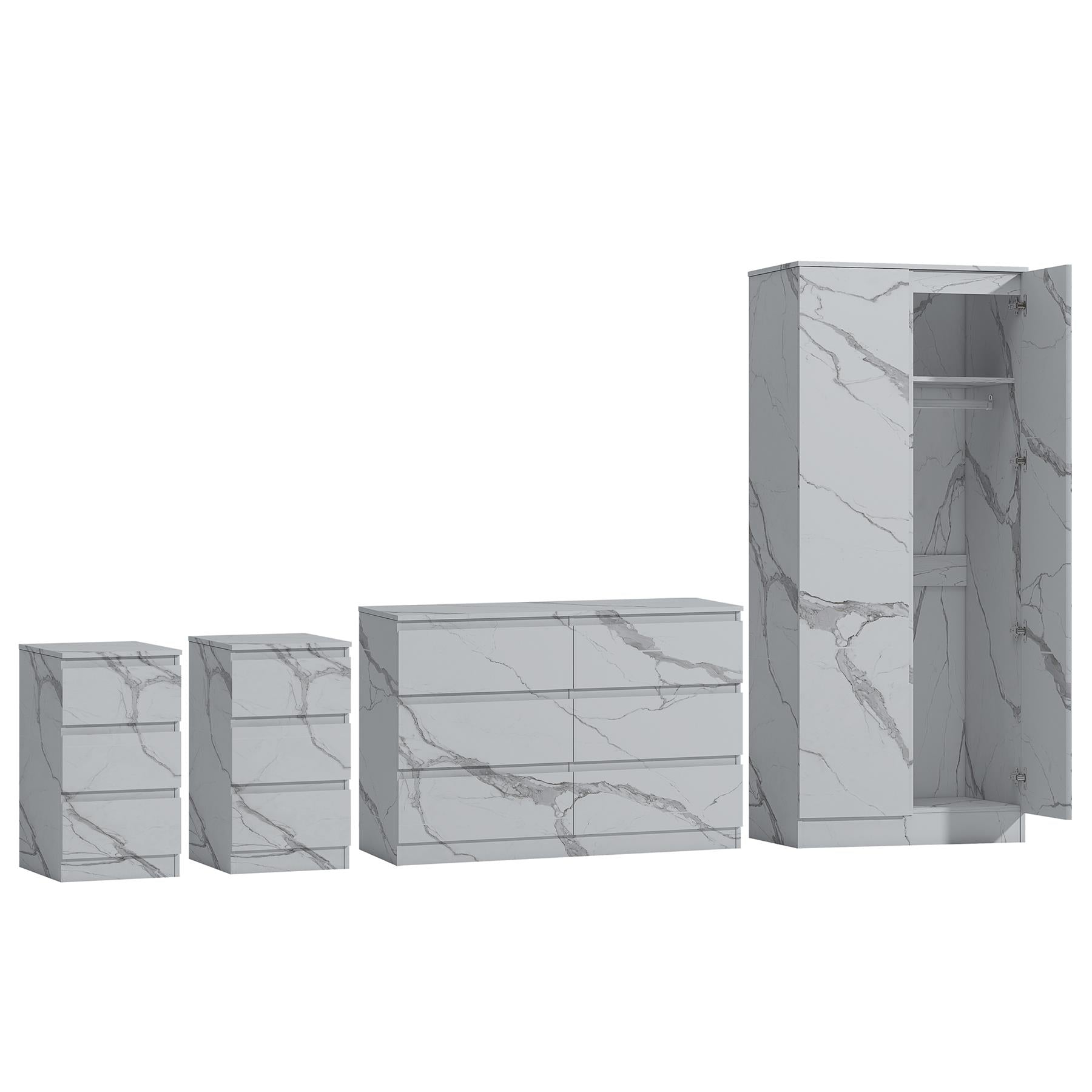 ZITA 4pc Set - 2 Door Wardrobe + Wide Chest + 2 Bedsides in White OR Grey Marble