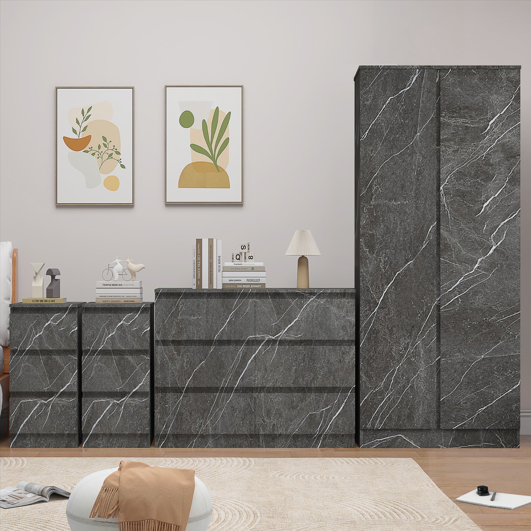 ZITA 4pc Set - 2 Door Wardrobe + Wide Chest + 2 Bedsides in White OR Grey Marble