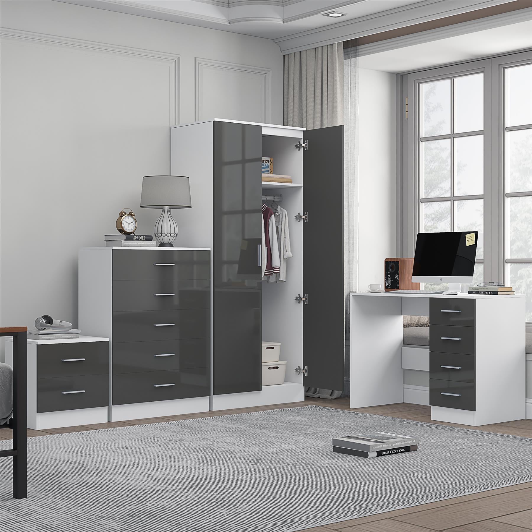 Reflect 2 Door Plain Wardrobe, 5 Drawer Chest, 2 Drawer Bedside & Desk - Grey Gloss & Matt White - Modern Bedroom Furniture Set