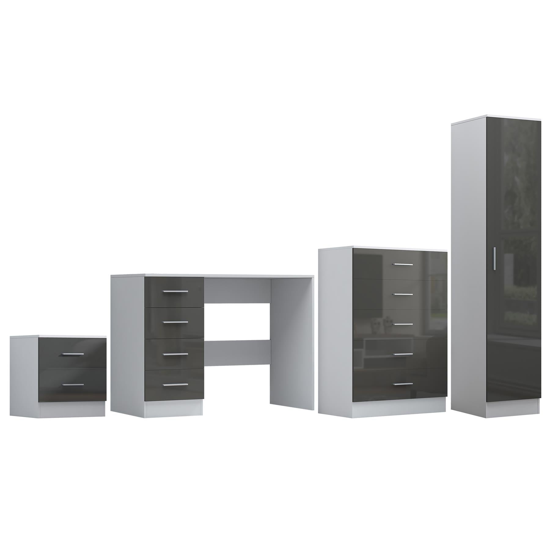Reflect 1 Door Plain Wardrobe, 5 Drawer Chest, 2 Drawer Bedside & Desk - Grey Gloss & Matt White - Bedroom Furniture Set
