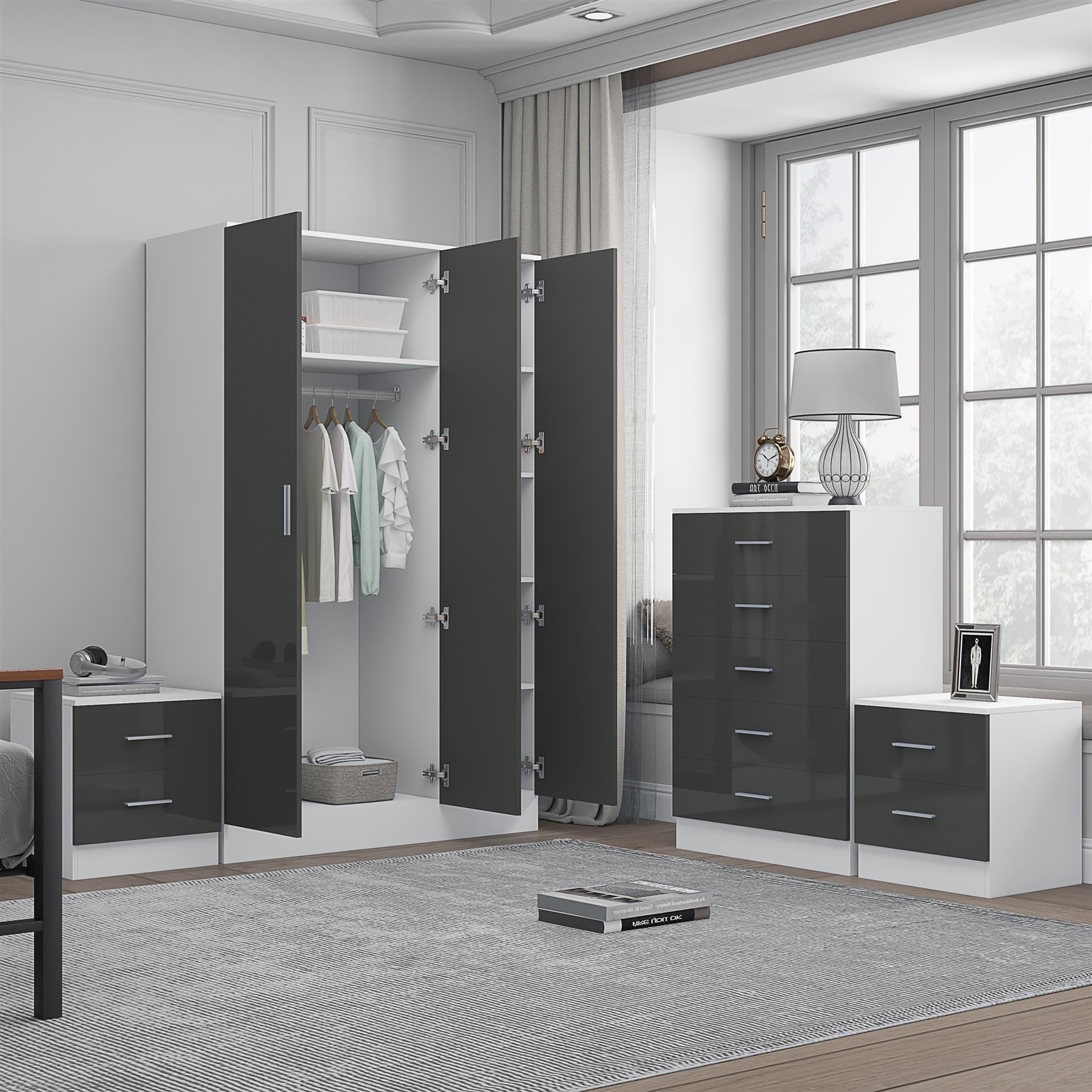 REFLECT Gloss 4pc Set - 3 Door Mirrored Wardrobe + 5 Draw Chest + 2 Bedsides