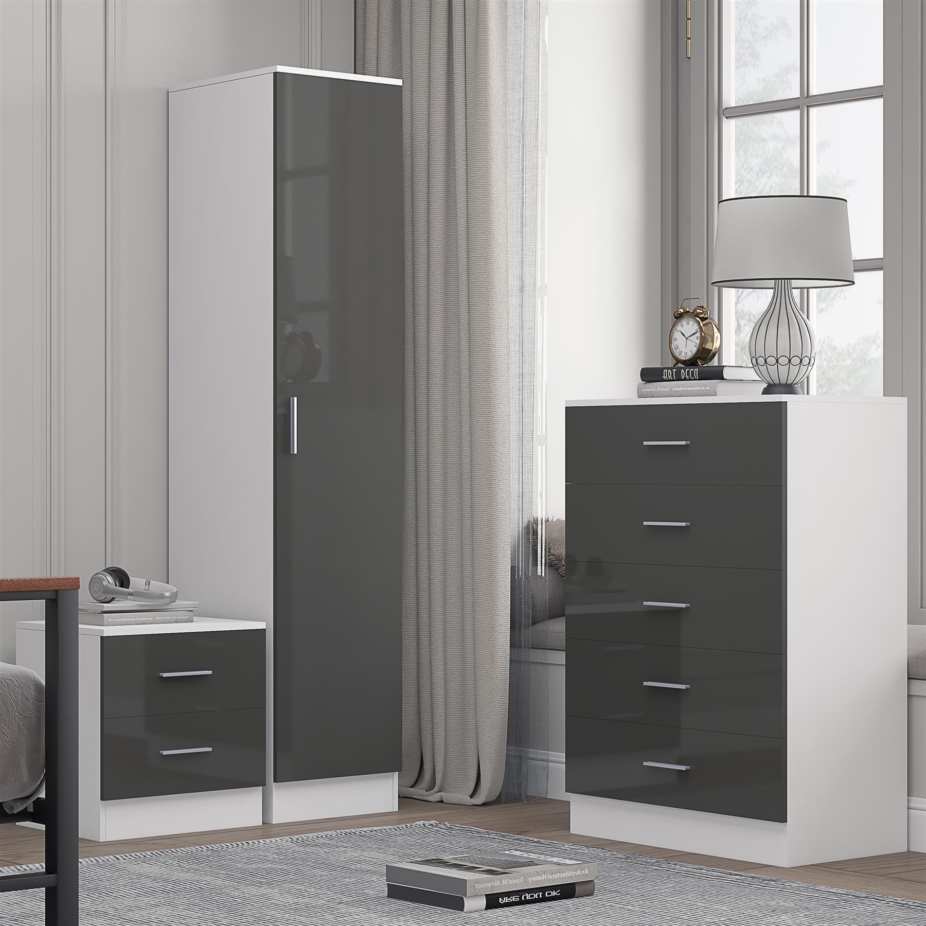 Reflect 1 Door Plain Wardrobe, 5 Drawer Chest, 2 Drawer Bedside - Grey Gloss & Matt White - Bedroom Furniture Set