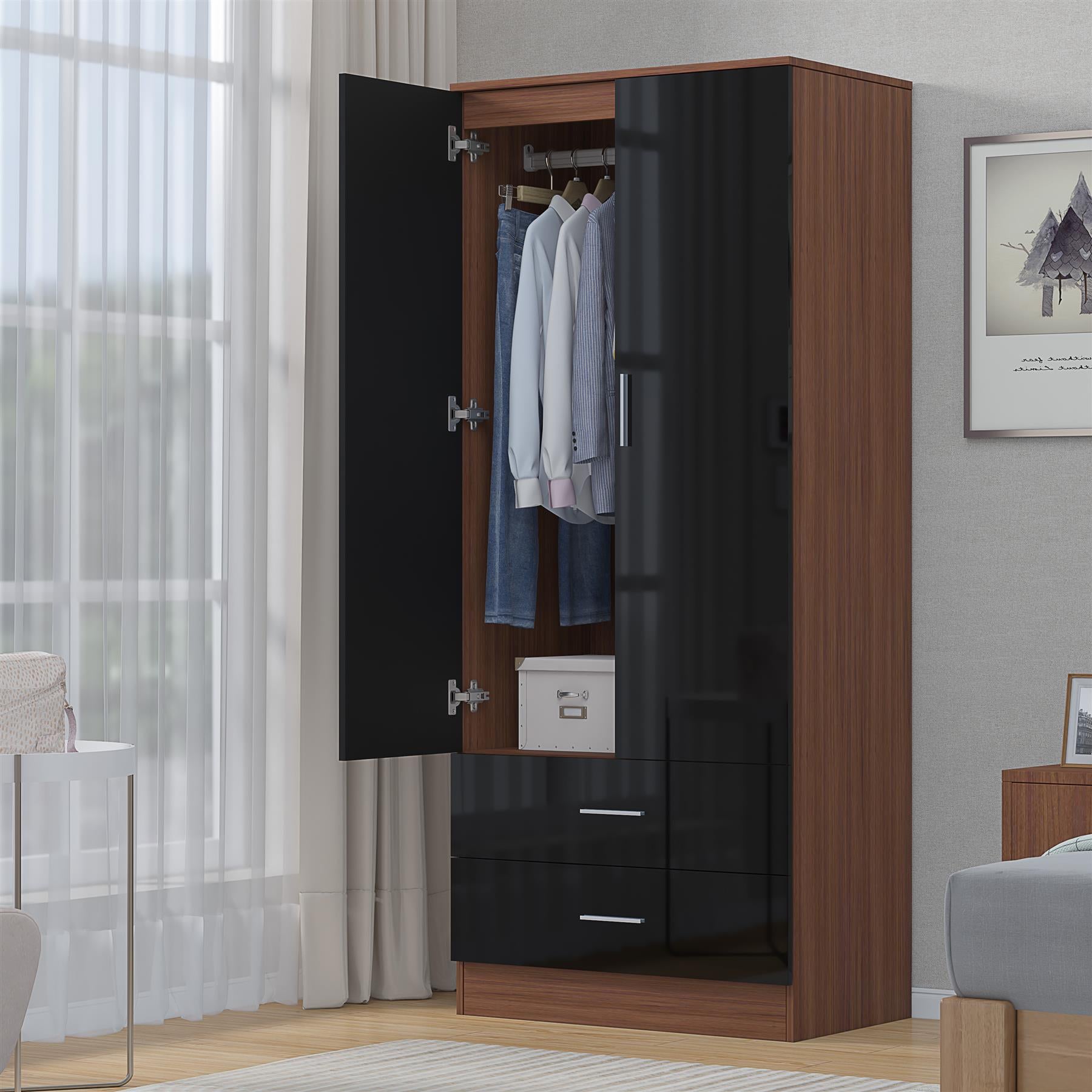 REFLECT High Gloss Bedroom Furniture Wardrobe Chest Bedside Desk - Black/Walnut