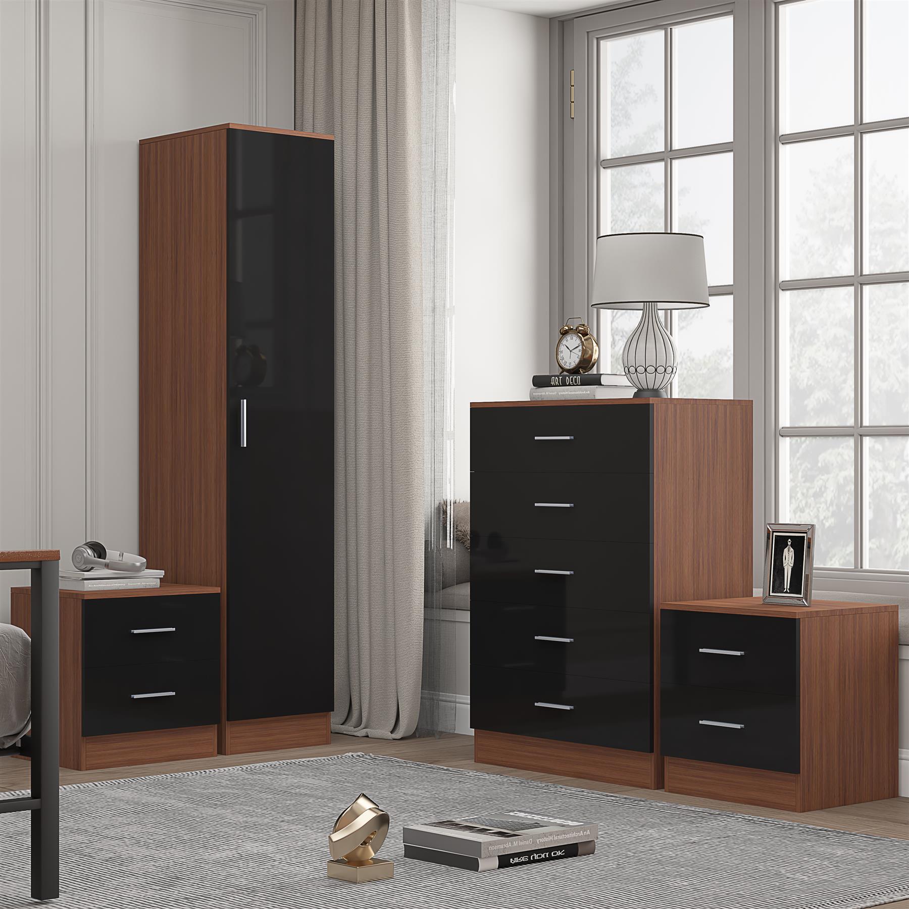 REFLECT Gloss 4pc Bedroom Set - 1 Door Wardrobe + 5 Draw Chest + 2 Bedsides