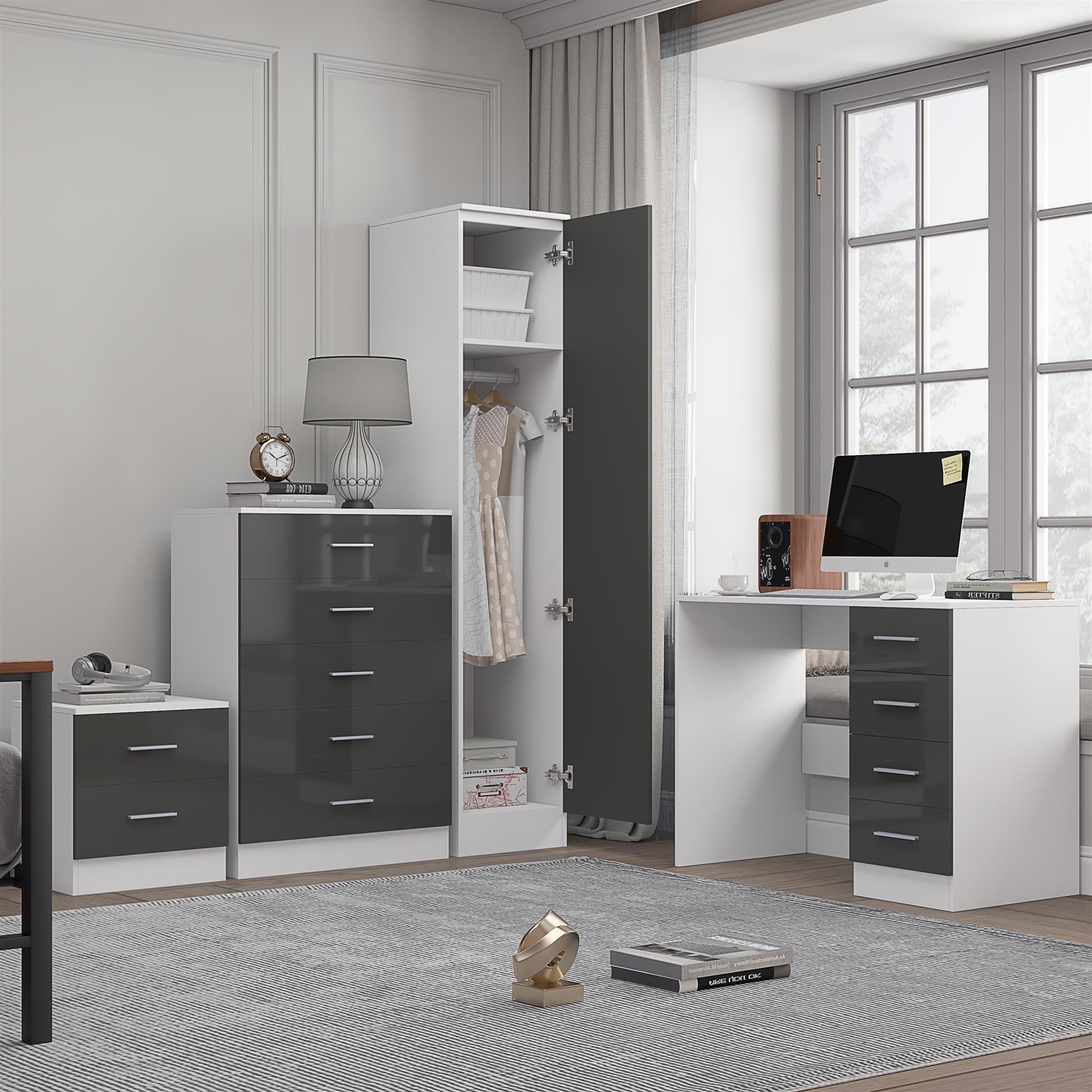 Reflect 1 Door Plain Wardrobe, 5 Drawer Chest, 2 Drawer Bedside & Desk - Grey Gloss & Matt White - Bedroom Furniture Set