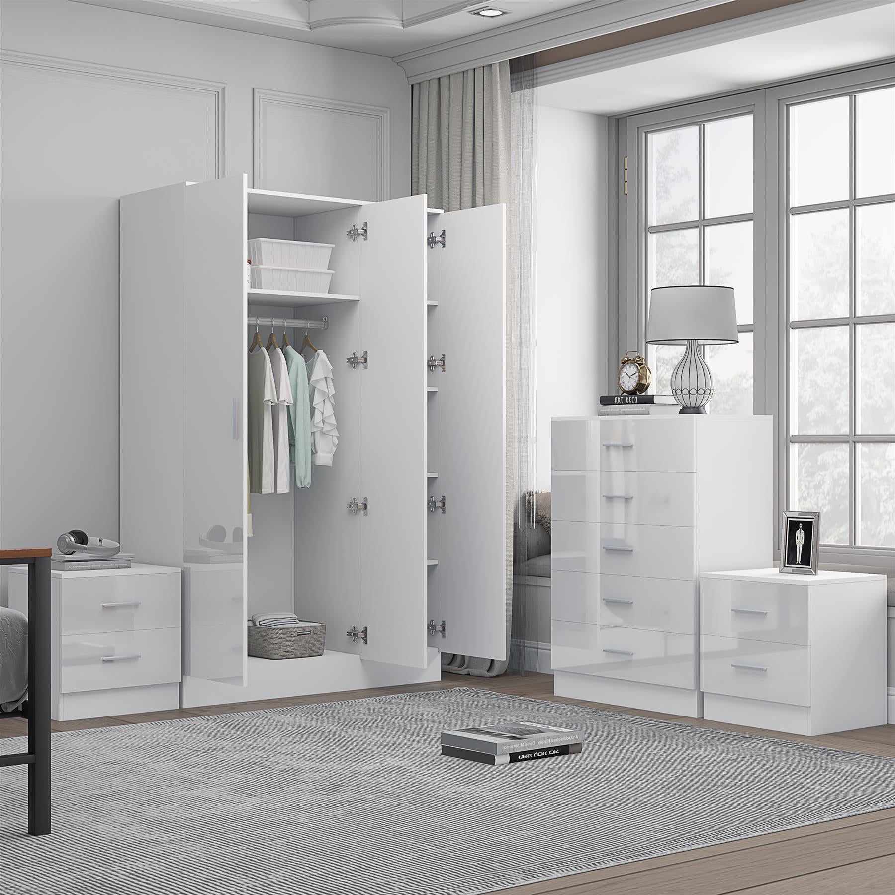 REFLECT Gloss 4pc Set - 3 Door Mirrored Wardrobe + 5 Draw Chest + 2 Bedsides