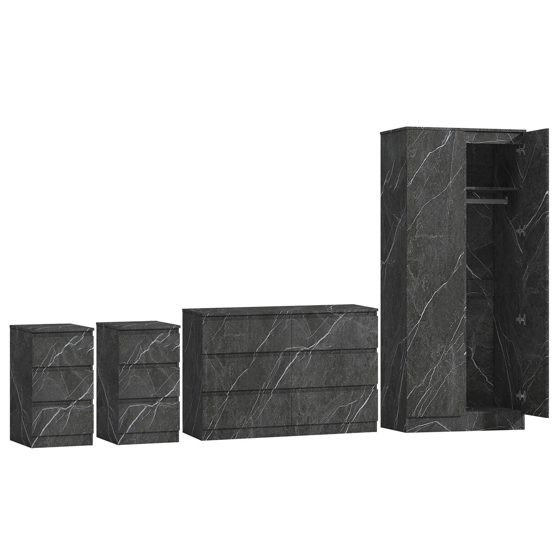 ZITA Grey Marble Effect 4 Piece Bedroom Set - Wardrobe, 6 Drawer Chest & 2 Bedside Tables, Stylish Bedroom Furniture