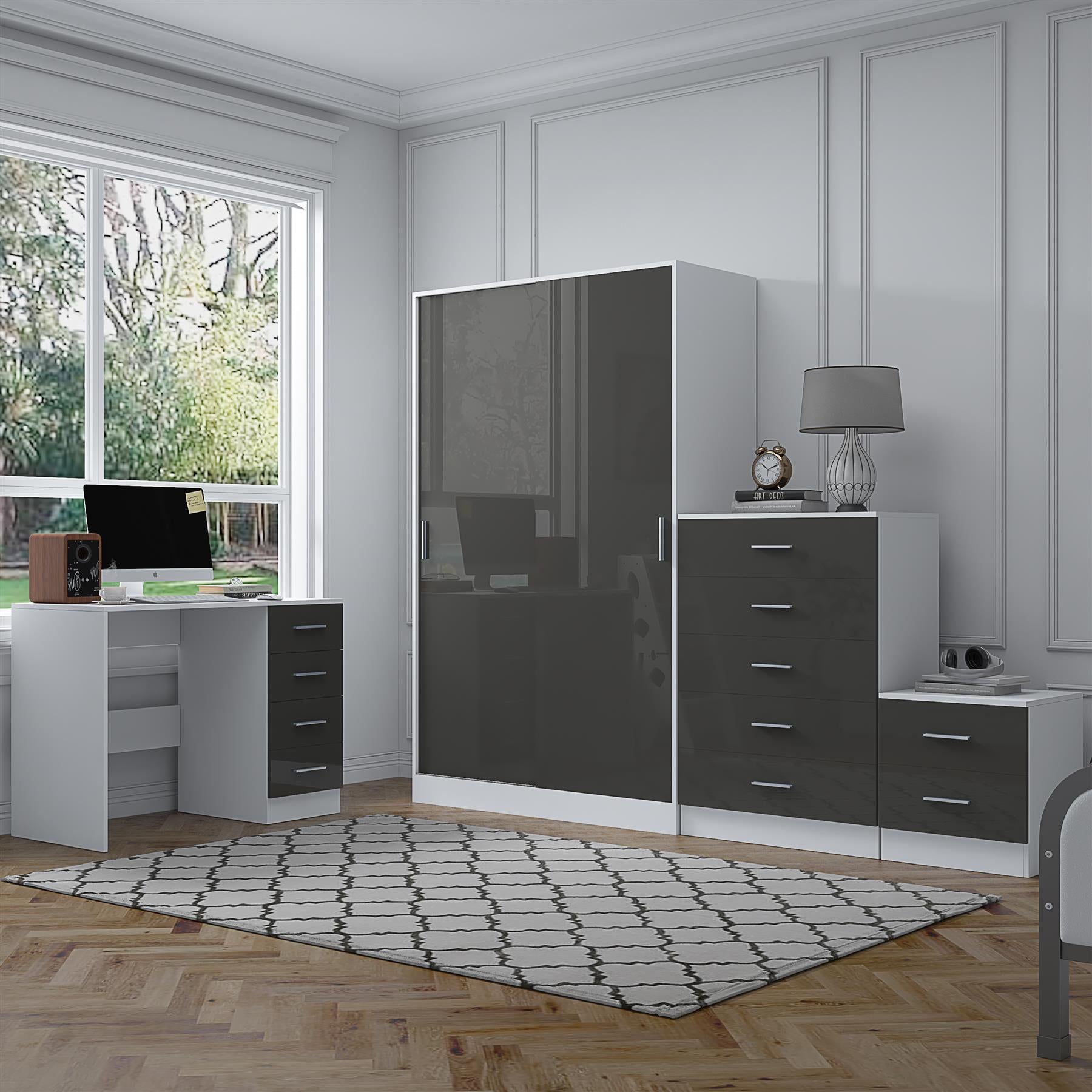 Reflect 2 Door Sliding Wardrobe, 5 Drawer Chest, 2 Drawer Bedside & Desk - Grey Gloss & Matt White - Modern Bedroom Furniture Set