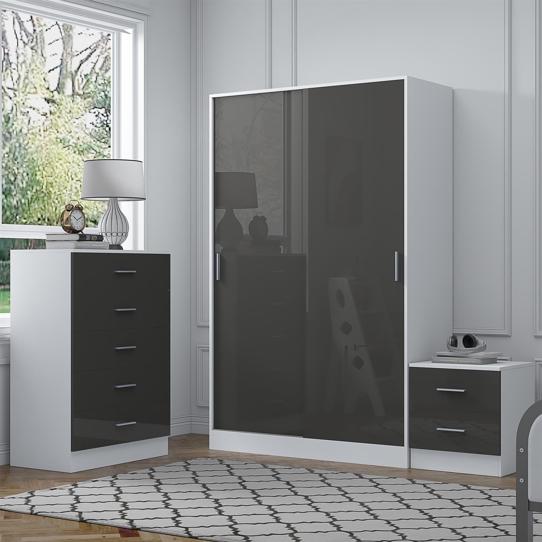 Reflect 2 Door Sliding Wardrobe, 5 Drawer Chest, 2 Drawer Bedside - Grey Gloss & Matt White - Modern Bedroom Furniture Set