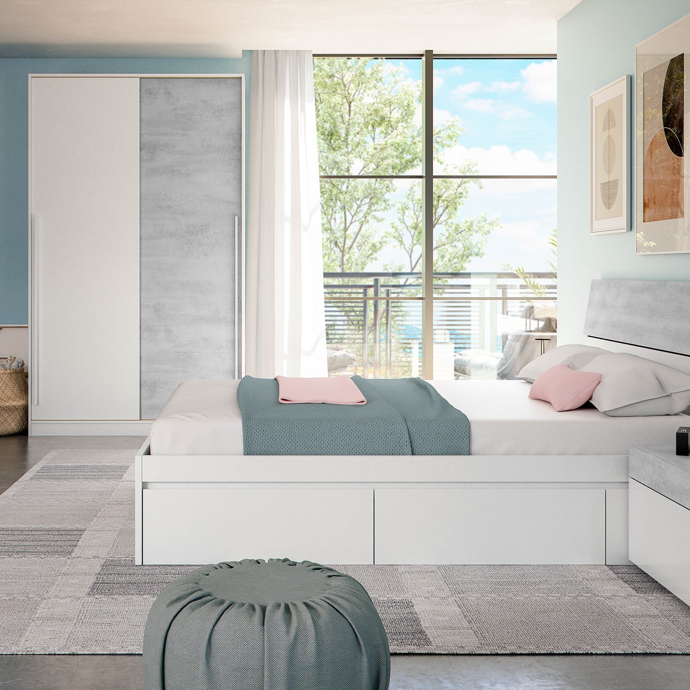 TOP 2 Door Large Modern Sliding Bedroom Wardrobe - White & Grey Finish - H: 200cm x W: 120cm x D: 50cm.