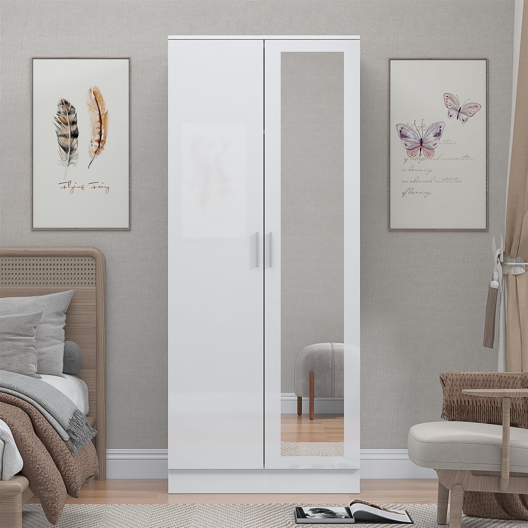 REFLECT High Gloss Bedroom Furniture Wardrobe Chest Bedside Desk Option in White