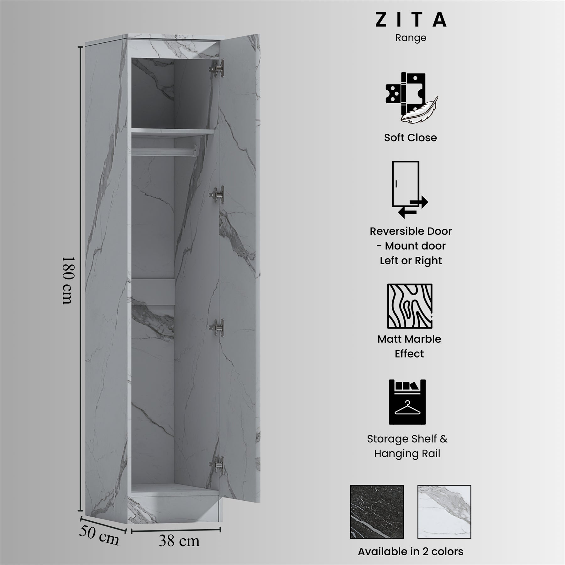 ZITA Compact 1-Door Wardrobe in White Marble Effect - Bedroom Storage, (L) 50cm x (W) 37.5cm x (H) 180cm, Stylish and Space-Saving
