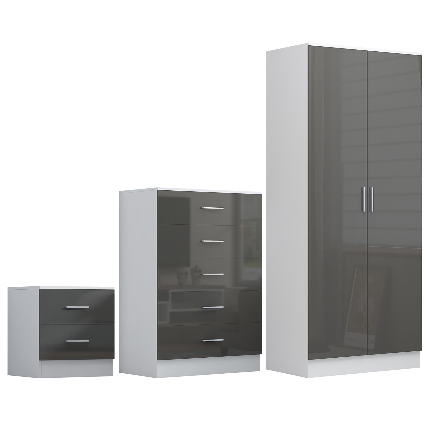 Reflect 2 Door Plain Wardrobe, 5 Drawer Chest, 2 Drawer Bedside - Grey Gloss & Matt White - Modern Bedroom Furniture Set
