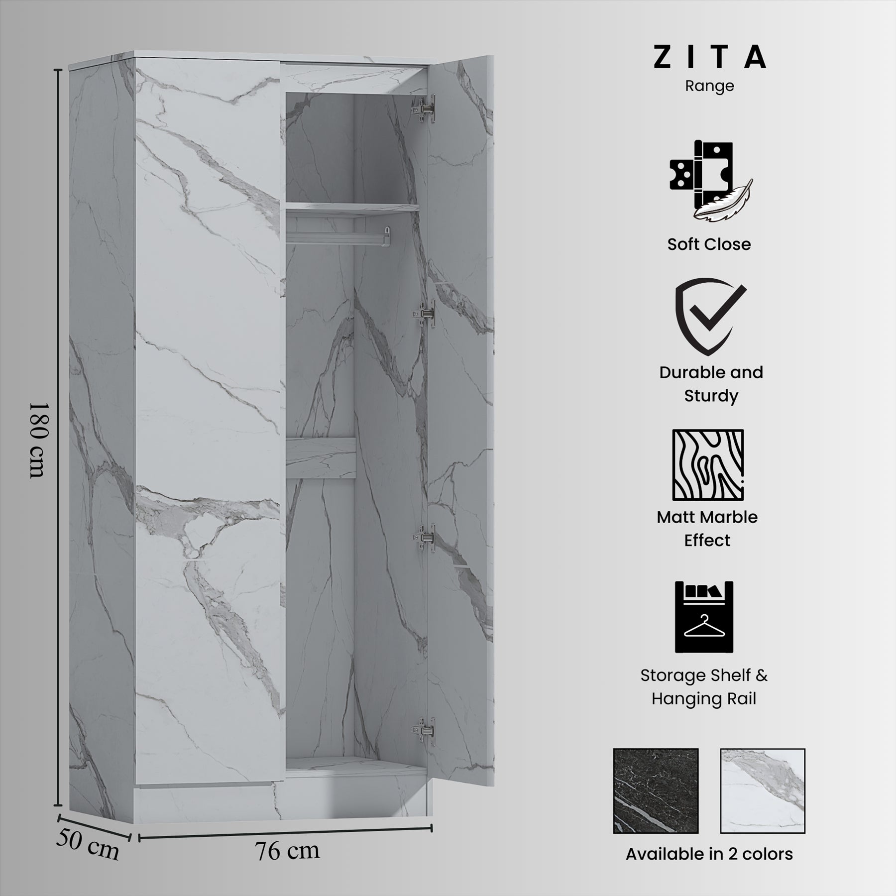 ZITA 4pc Set - 2 Door Wardrobe + Wide Chest + 2 Bedsides in White OR Grey Marble