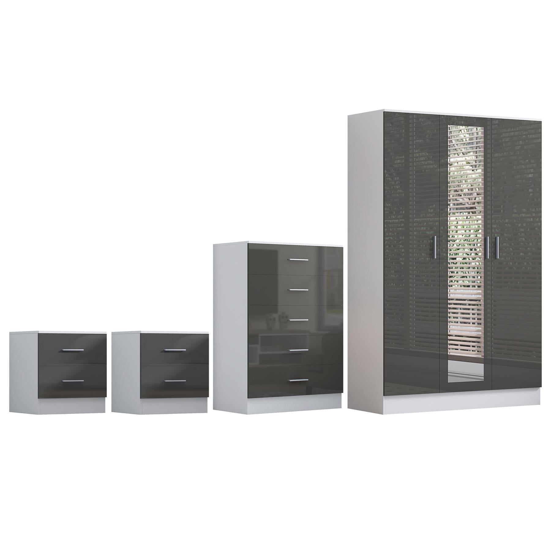 REFLECT Gloss 4pc Set - 3 Door Mirrored Wardrobe + 5 Draw Chest + 2 Bedsides