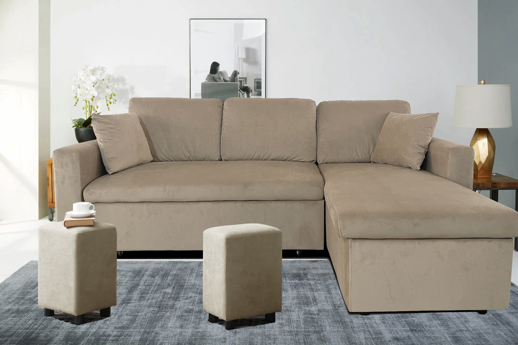 STANFORD 3 Seater L Shape Sofabed with 2x Stools in Taupe