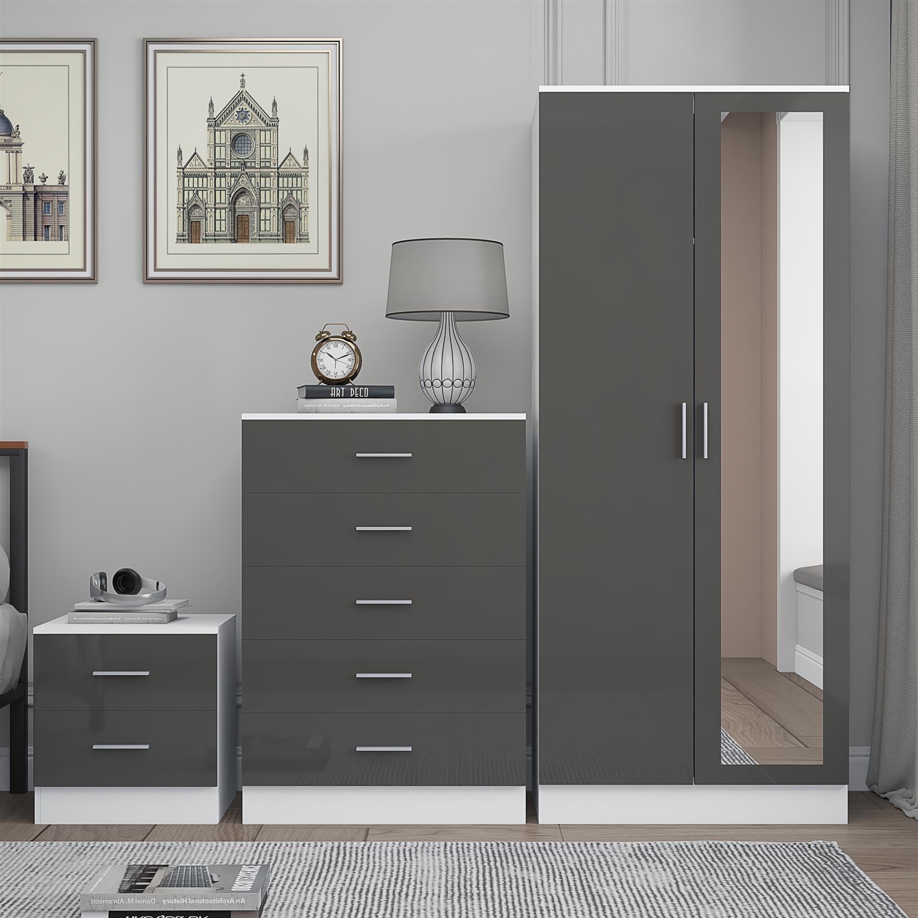 Reflect 2 Door Mirror Wardrobe, 5 Drawer Chest, 2 Drawer Bedside - Grey Gloss & Matt White - Modern Bedroom Furniture Set