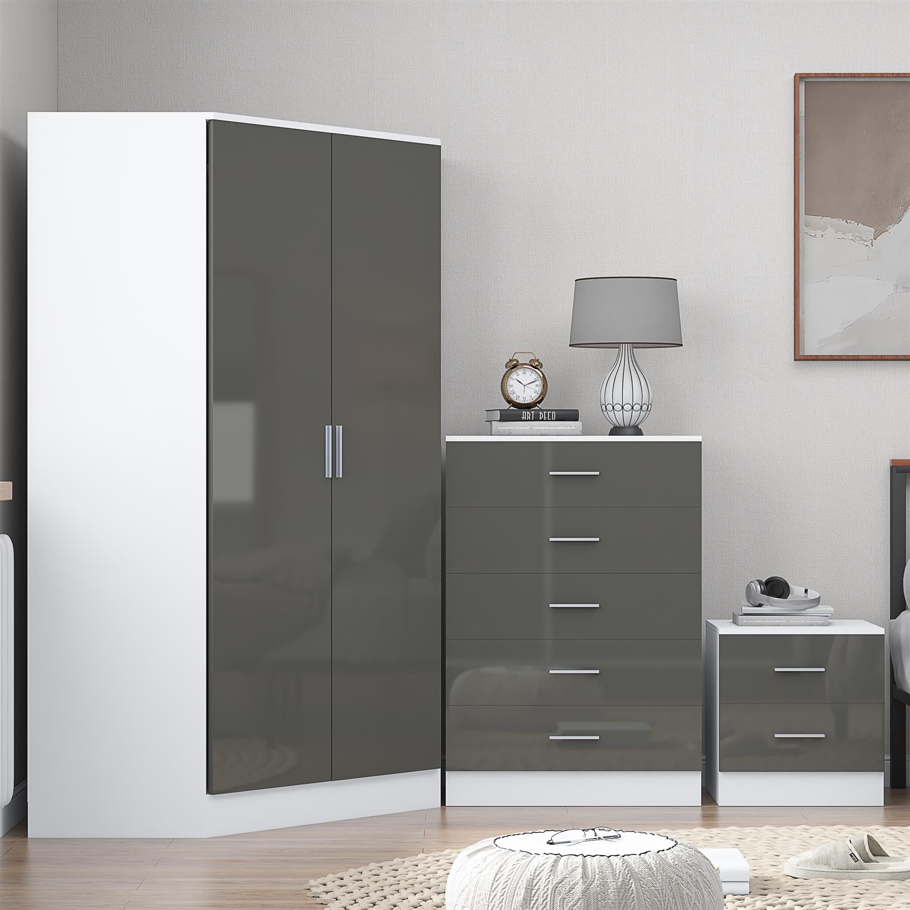 Reflect 2 Door Corner Wardrobe, 5 Drawer Chest, 2 Drawer Bedside - Grey Gloss & Matt White - Bedroom Furniture Set