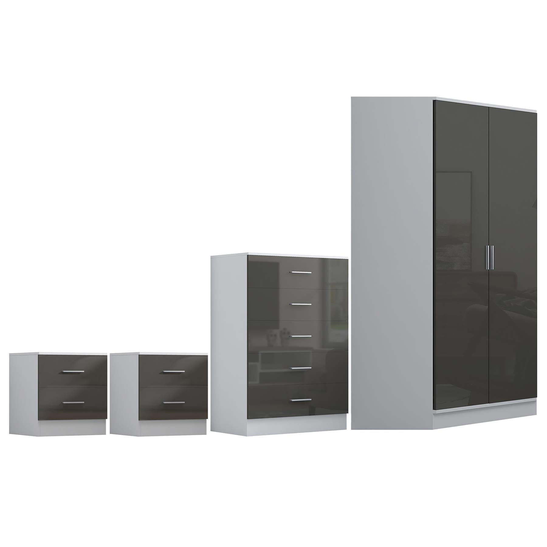 Reflect 2 Door Corner Wardrobe, 5 Drawer Chest, 2x 2 Drawer Bedsides - Grey Gloss & Matt White - Bedroom Furniture Set