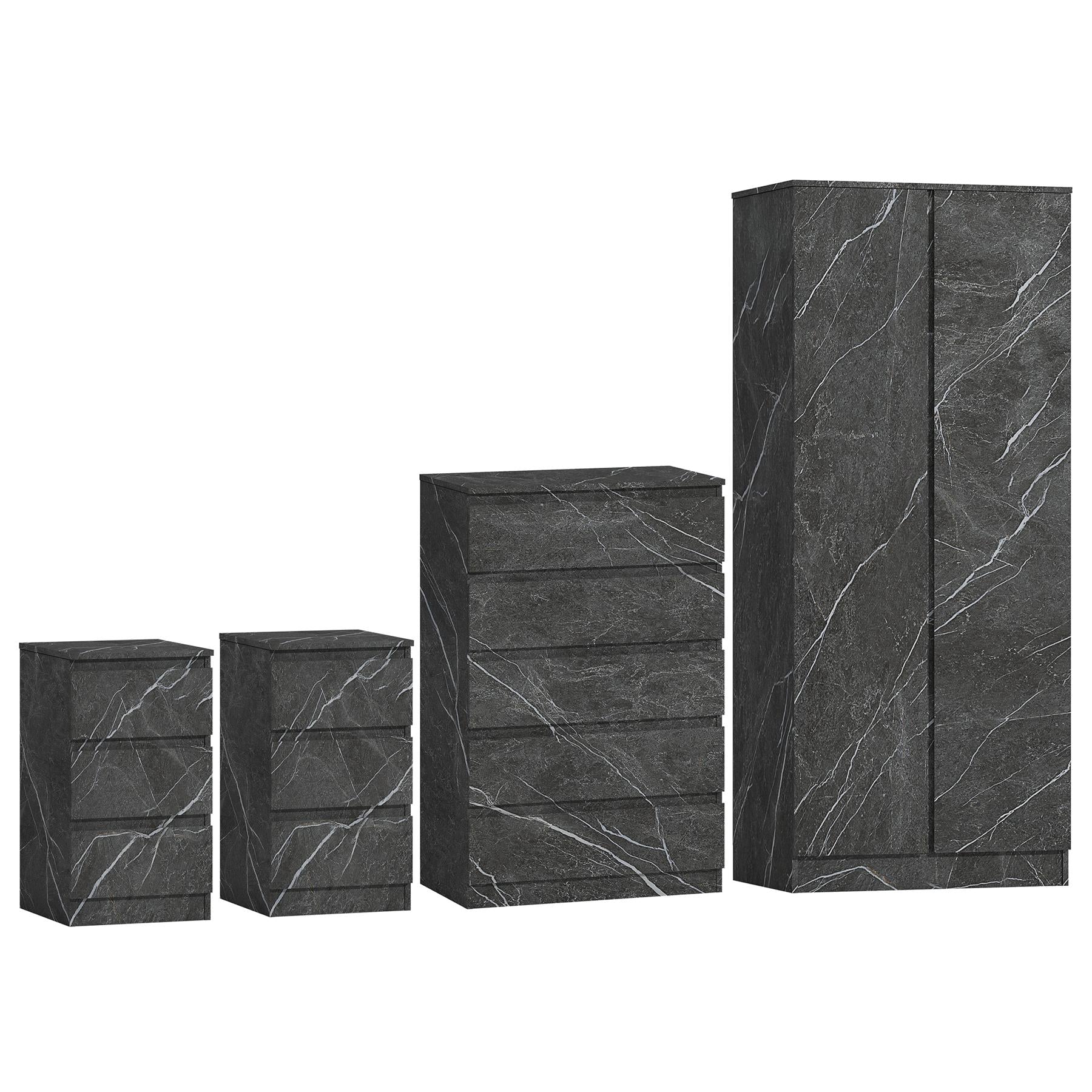 ZITA 4pc Set - 2 Door Wardrobe + Tall Chest + 2 Bedsides in White OR Grey Marble