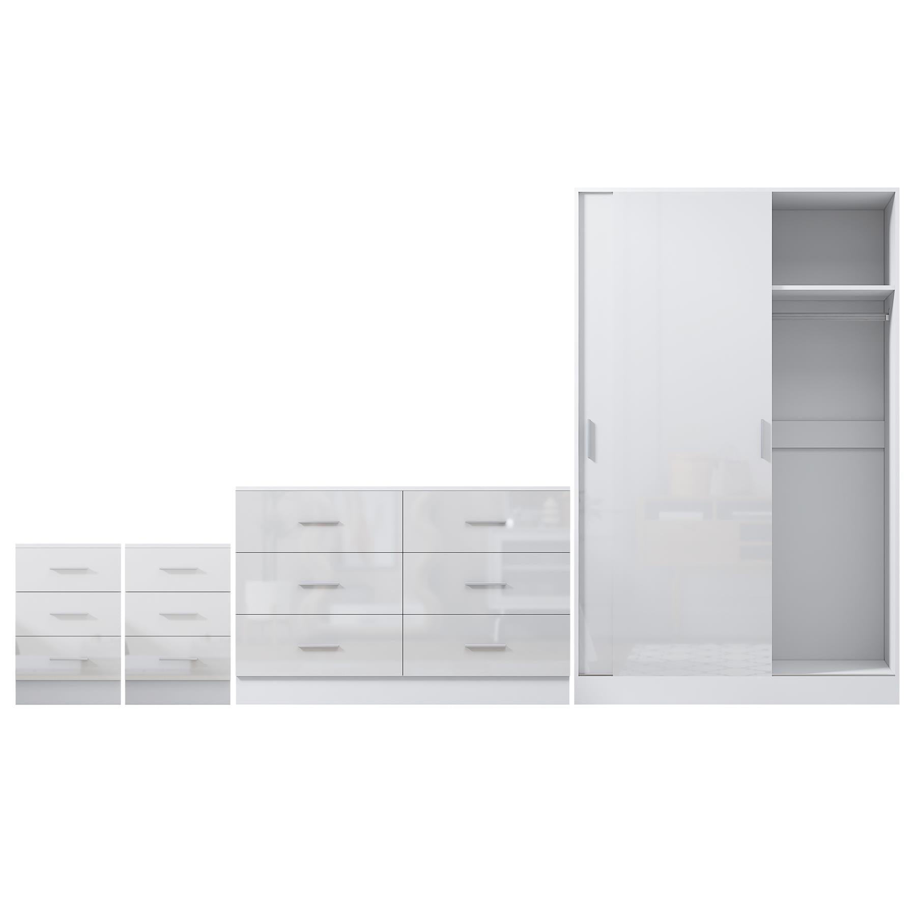 REFLECT Gloss 4pc Set - 2 Door Sliding Wardrobe + Wide Chest + 2 Tall Bedsides