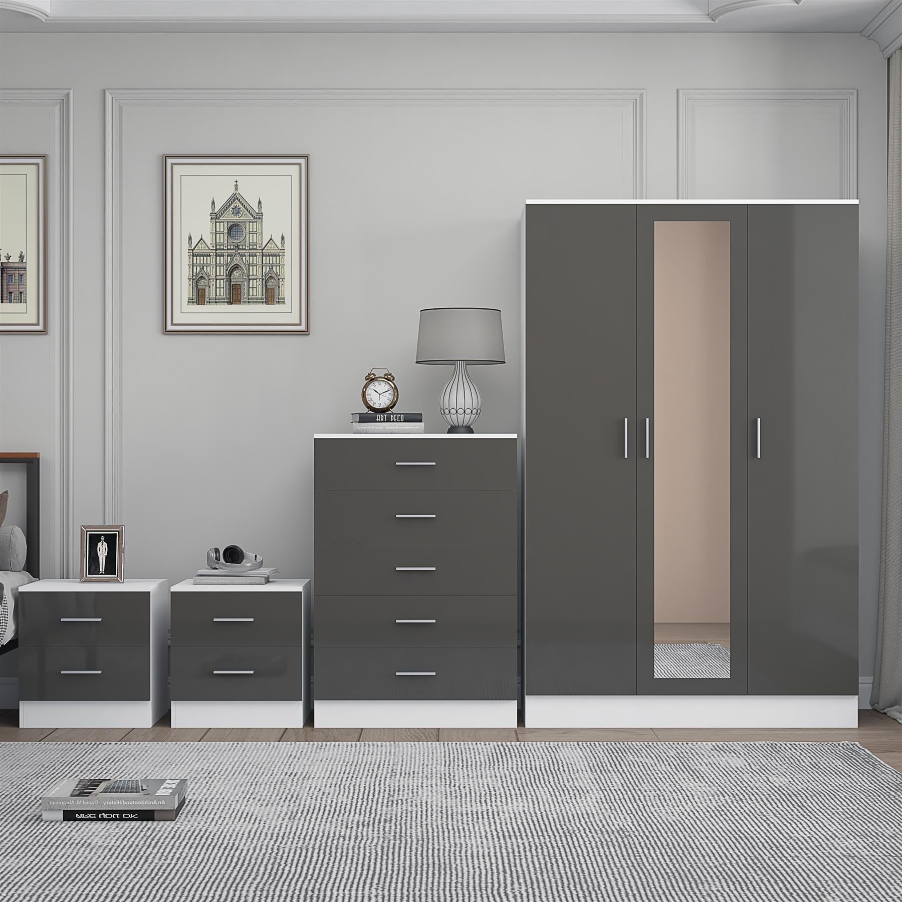 REFLECT Gloss 4pc Set - 3 Door Mirrored Wardrobe + 5 Draw Chest + 2 Bedsides