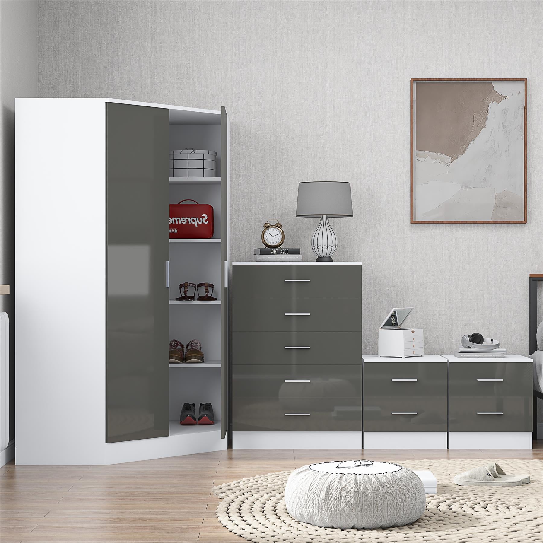 Reflect 2 Door Corner Wardrobe, 5 Drawer Chest, 2x 2 Drawer Bedsides - Grey Gloss & Matt White - Bedroom Furniture Set
