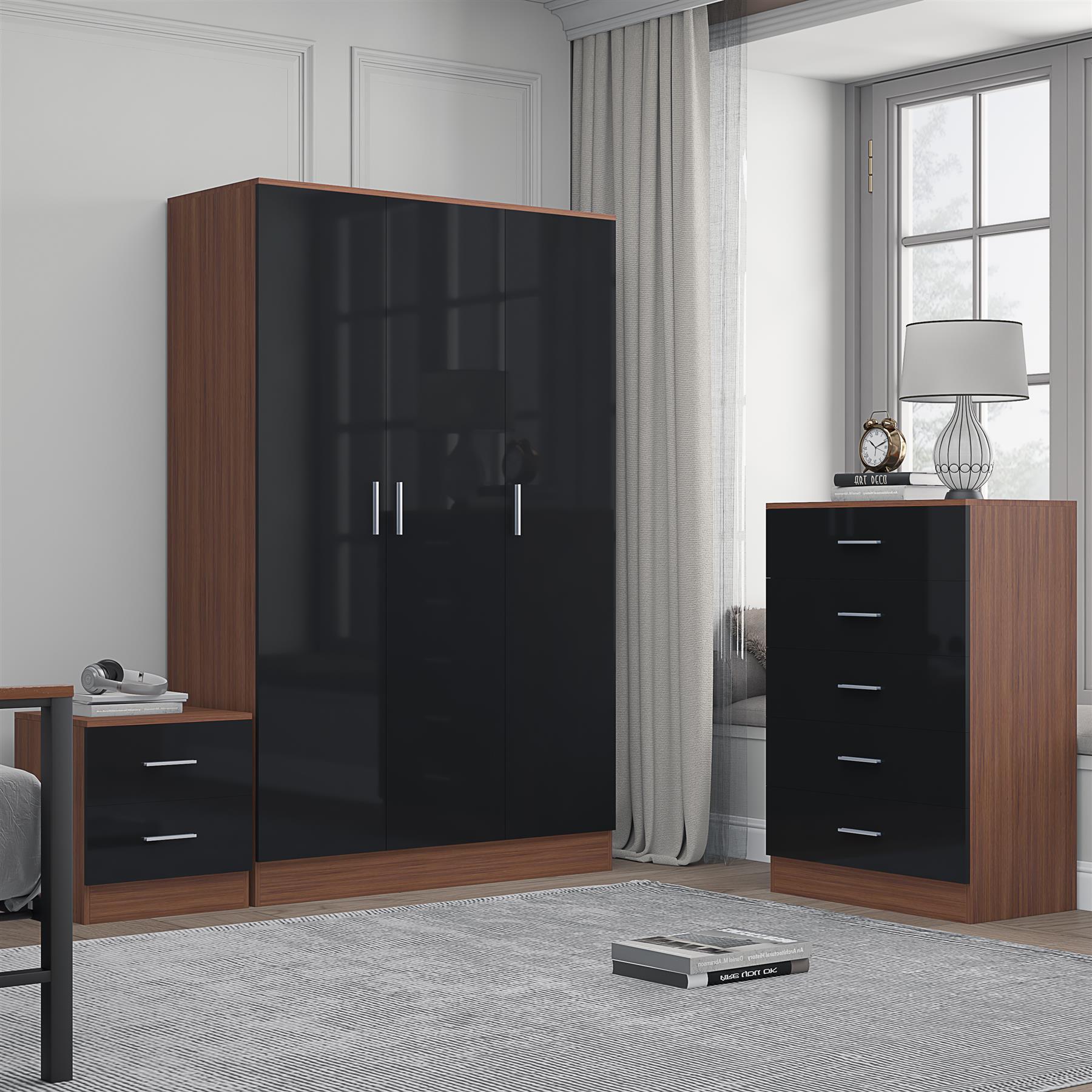 Reflect 3 Door Plain Wardrobe, 5 Drawer Chest, 2 Drawer Bedside - Black Gloss & Walnut - Modern Bedroom Furniture Set
