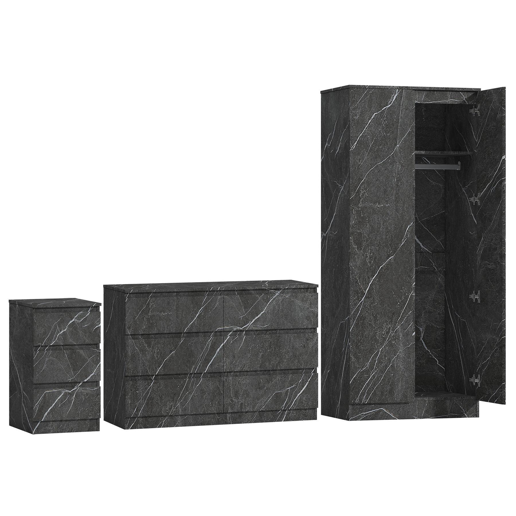 ZITA 3pc Set - 2 Door Wardrobe + Wide Chest + Bedside in White OR Grey Marble