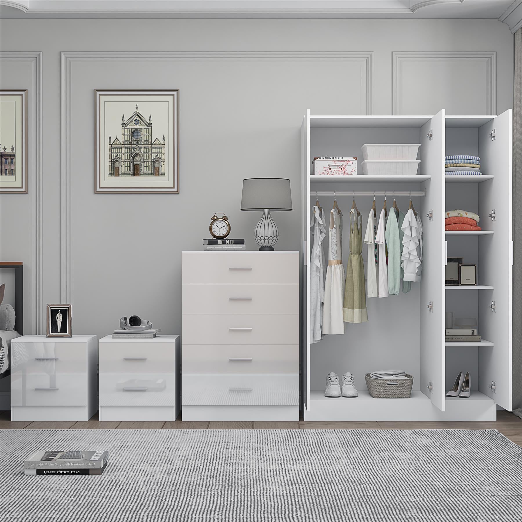 REFLECT Gloss 4pc Set - 3 Door Mirrored Wardrobe + 5 Draw Chest + 2 Bedsides