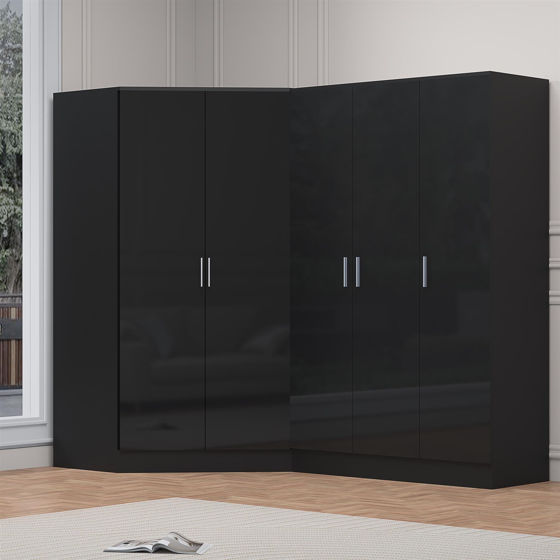 Reflect 2pc Wardrobe Bundle - 2 Door Corner + 3 Door Plain - Black Gloss & Black Oak - H: 180cm x W: 179cm x D: 103cm