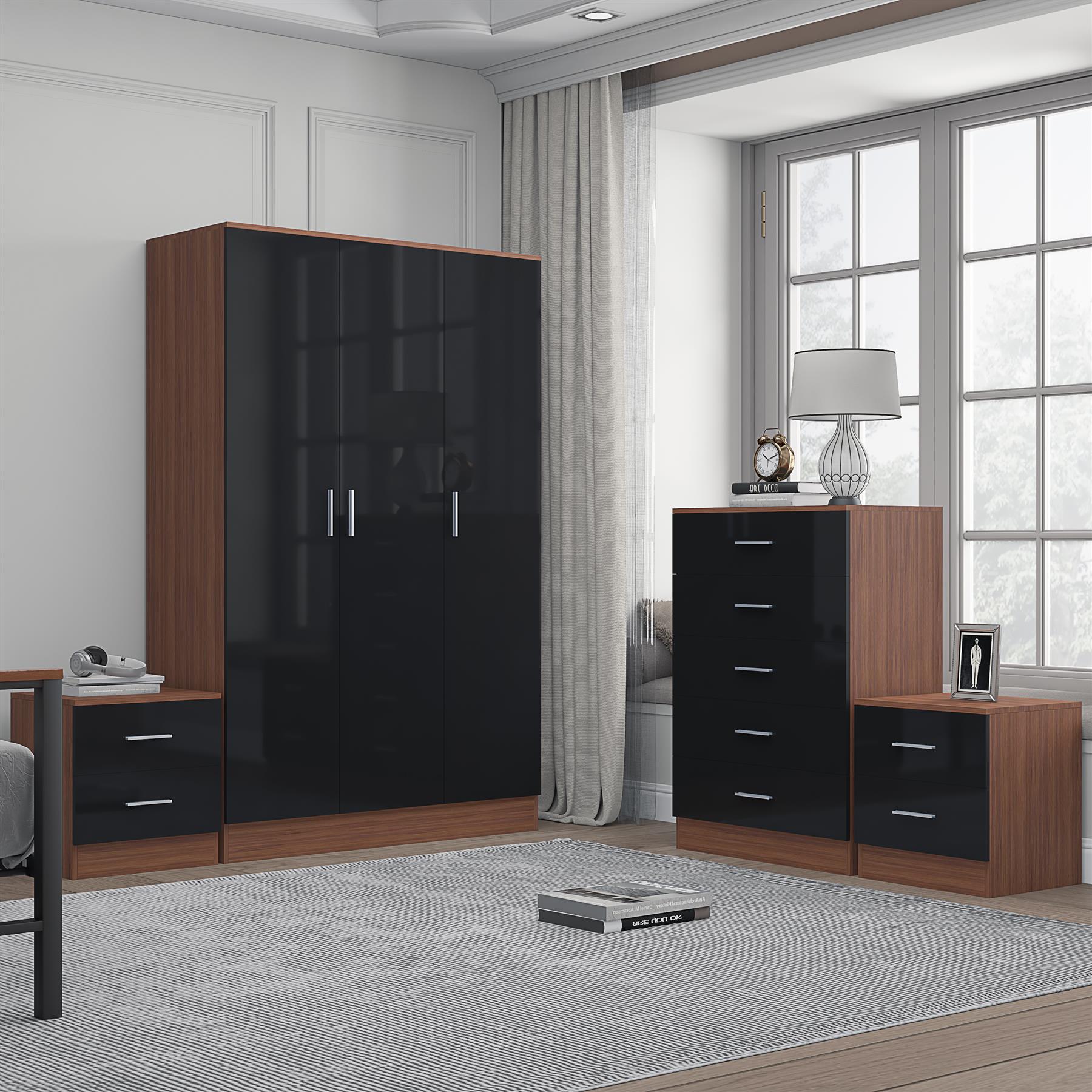 REFLECT Gloss 4pc Bedroom Set - 3 Door Wardrobe + 5 Draw Chest + 2 Bedsides